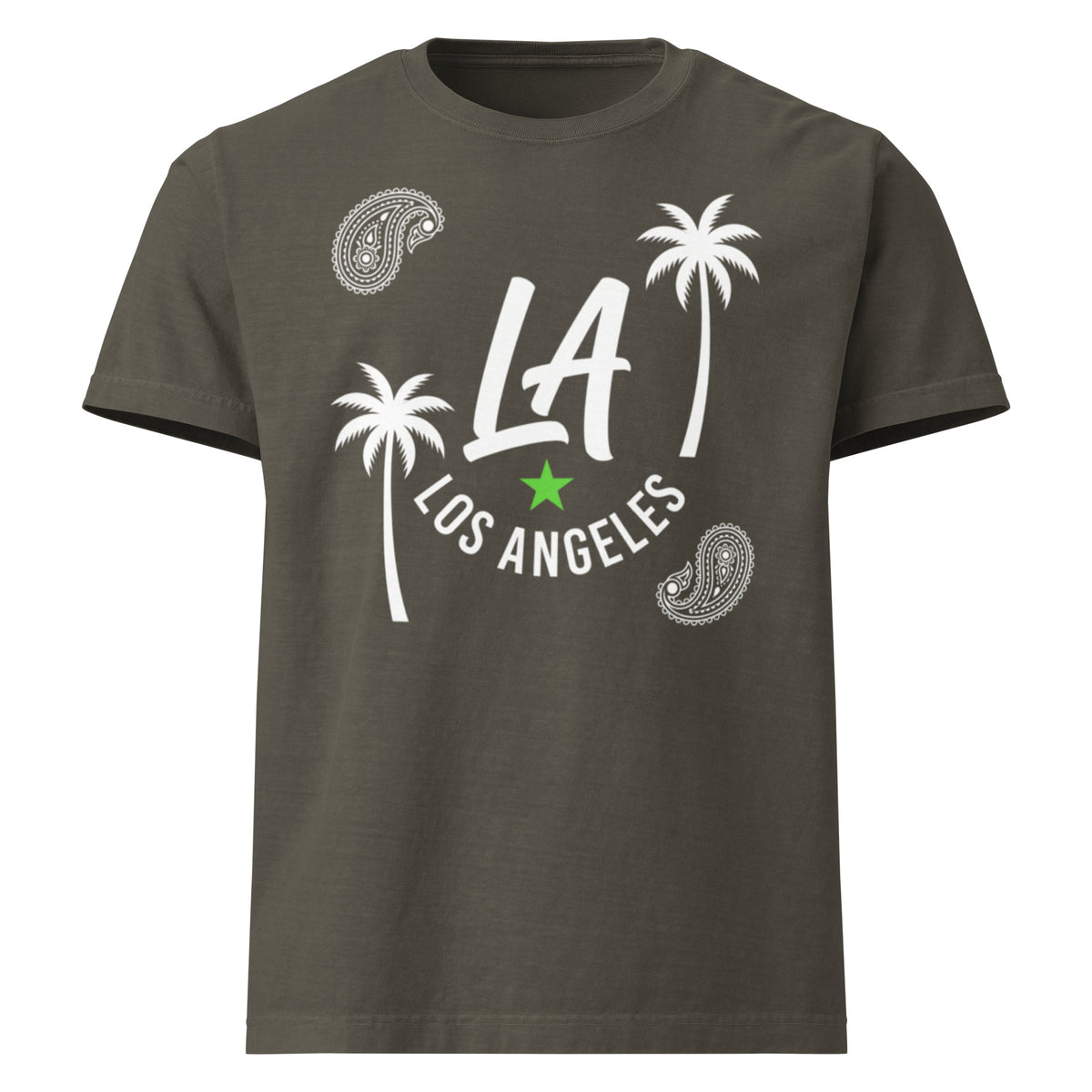 An olive green short-sleeve t-shirt with a white graphic print featuring the letters 'LA', 'LOS ANGELES', palm trees, and paisley patterns, accented by a small green star.