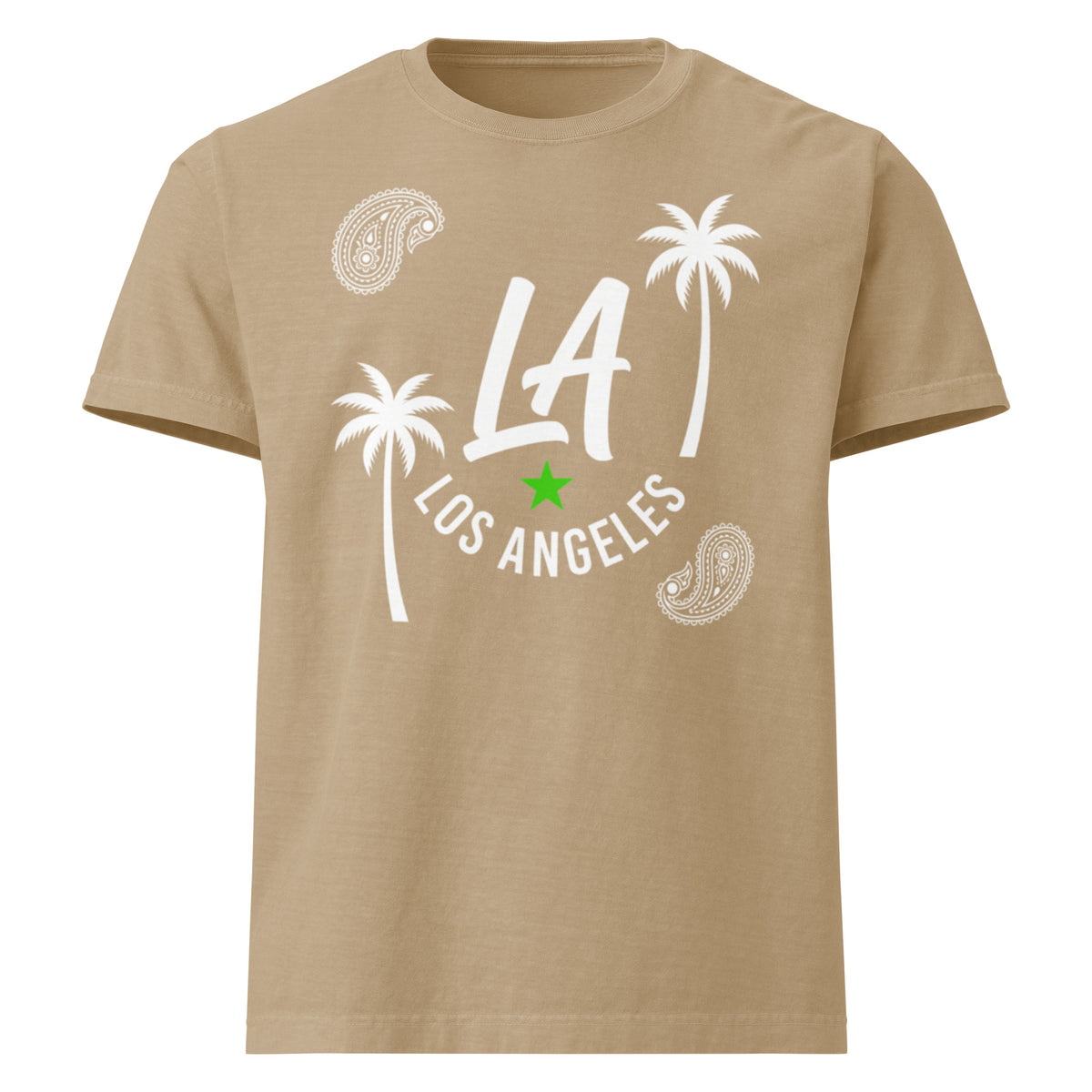 A tan crewneck t-shirt featuring a white graphic print of 'LA LOS ANGELES' with palm trees, paisley motifs, and a small green star on the front, displayed against a solid white background.