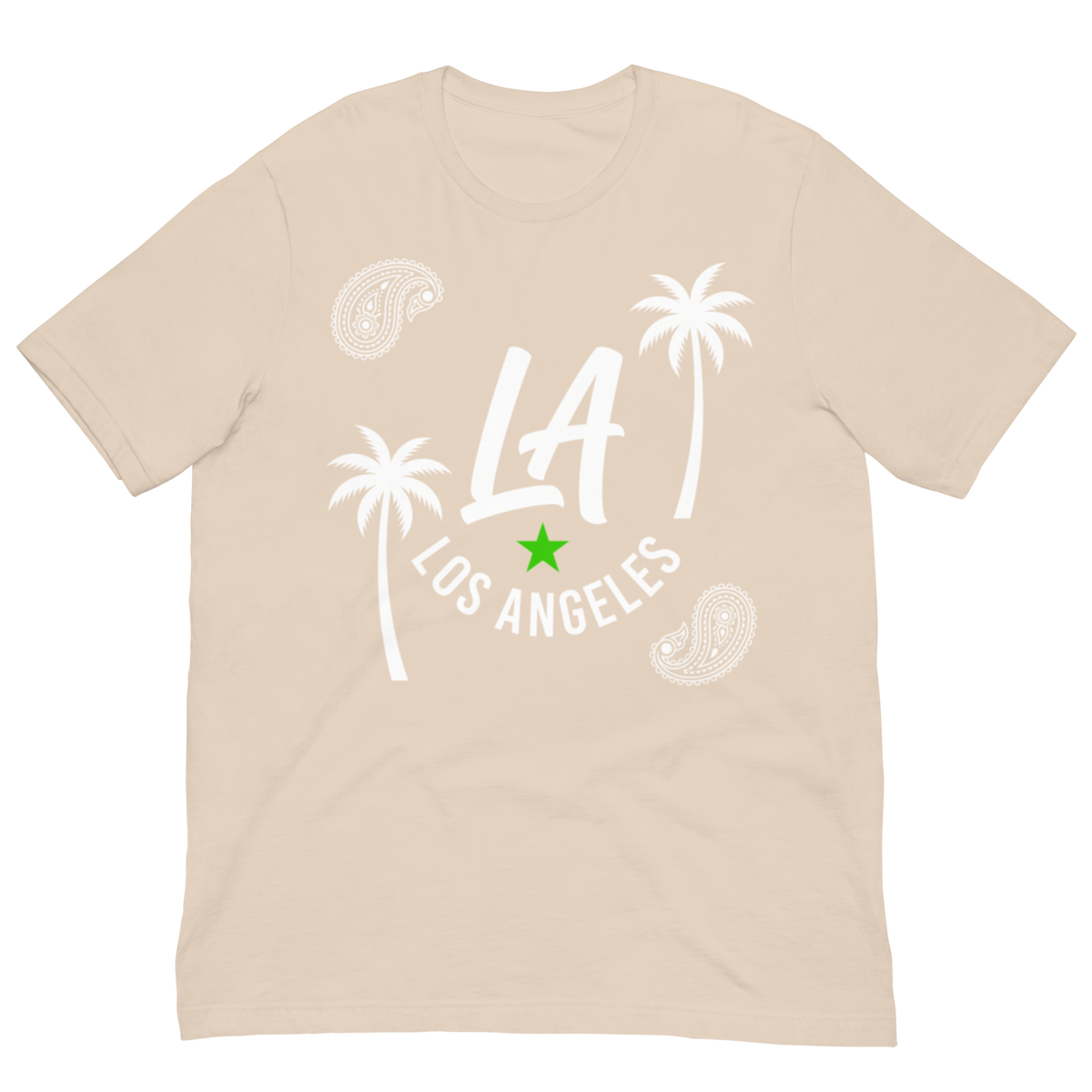 A beige crewneck t-shirt with a white graphic print featuring the text 'LA LOS ANGELES', two palm trees, paisley patterns, and a small green star.