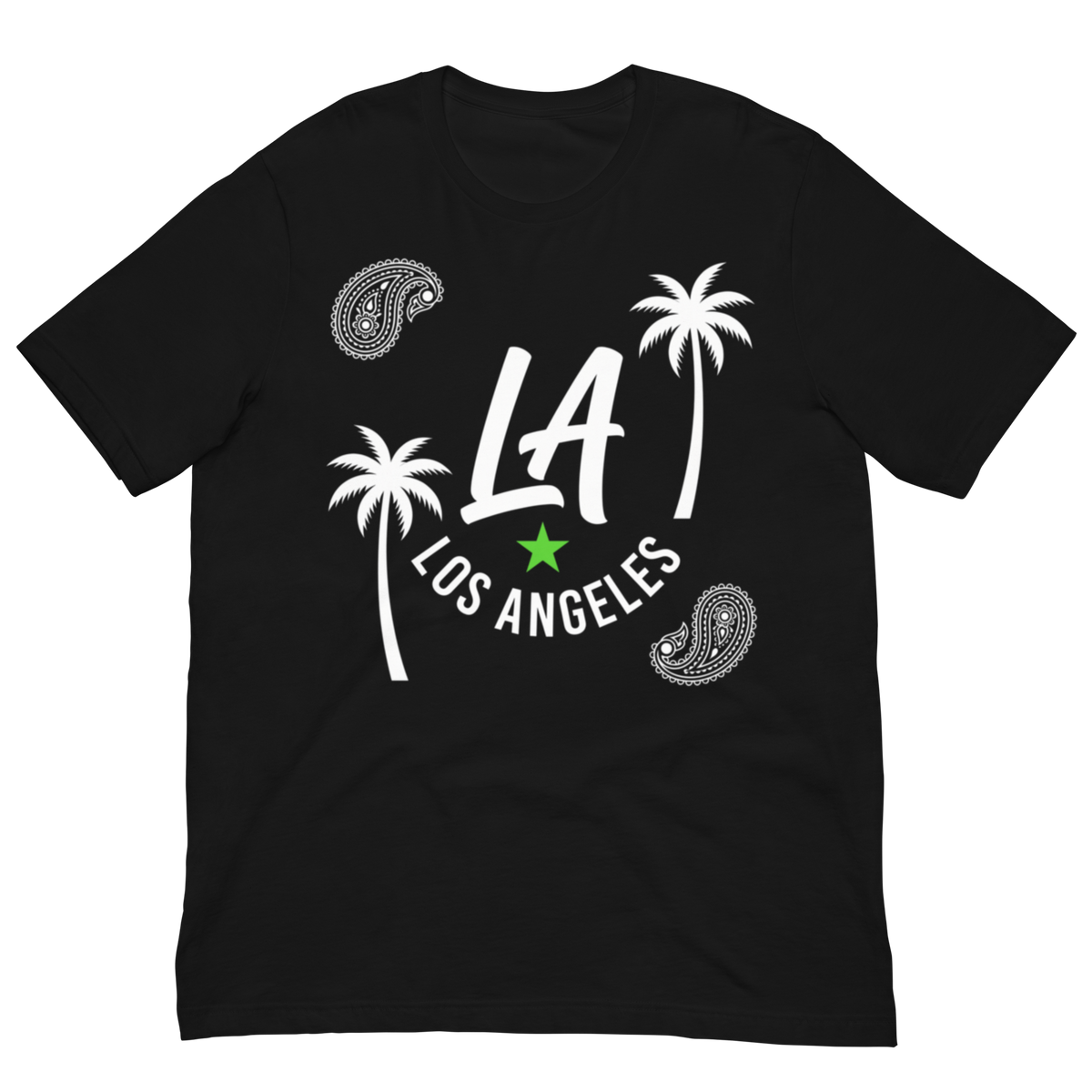 A black short-sleeve crewneck t-shirt featuring a white graphic print with the text 'LA LOS ANGELES', two palm trees, two paisley motifs, and a small green star, shown on a solid white background.