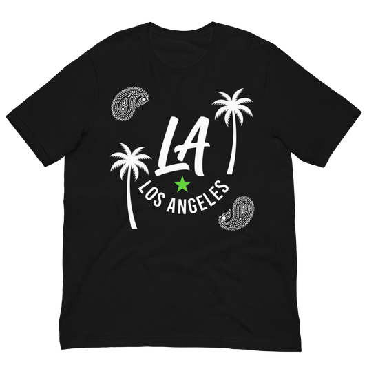 A black short-sleeve crewneck t-shirt featuring a white graphic print with the text 'LA LOS ANGELES', two palm trees, two paisley motifs, and a small green star, shown on a solid white background.