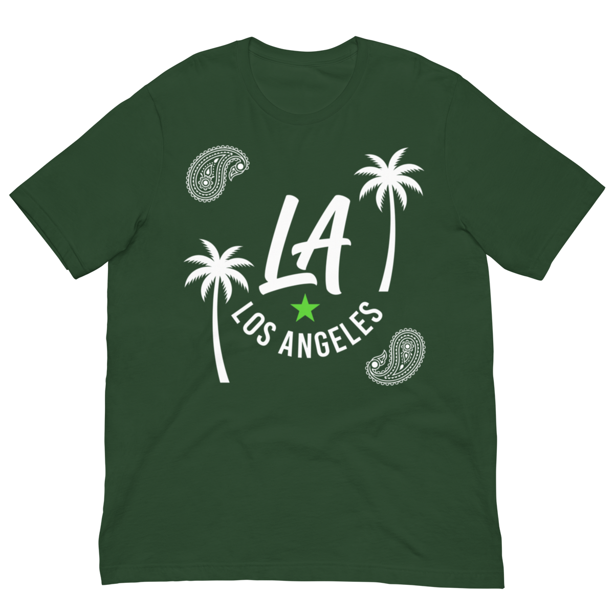 A dark green short-sleeve t-shirt with a white graphic print featuring the text 'LA LOS ANGELES', two palm trees, two paisley motifs, and a small green star on the front, shown against a plain white background.