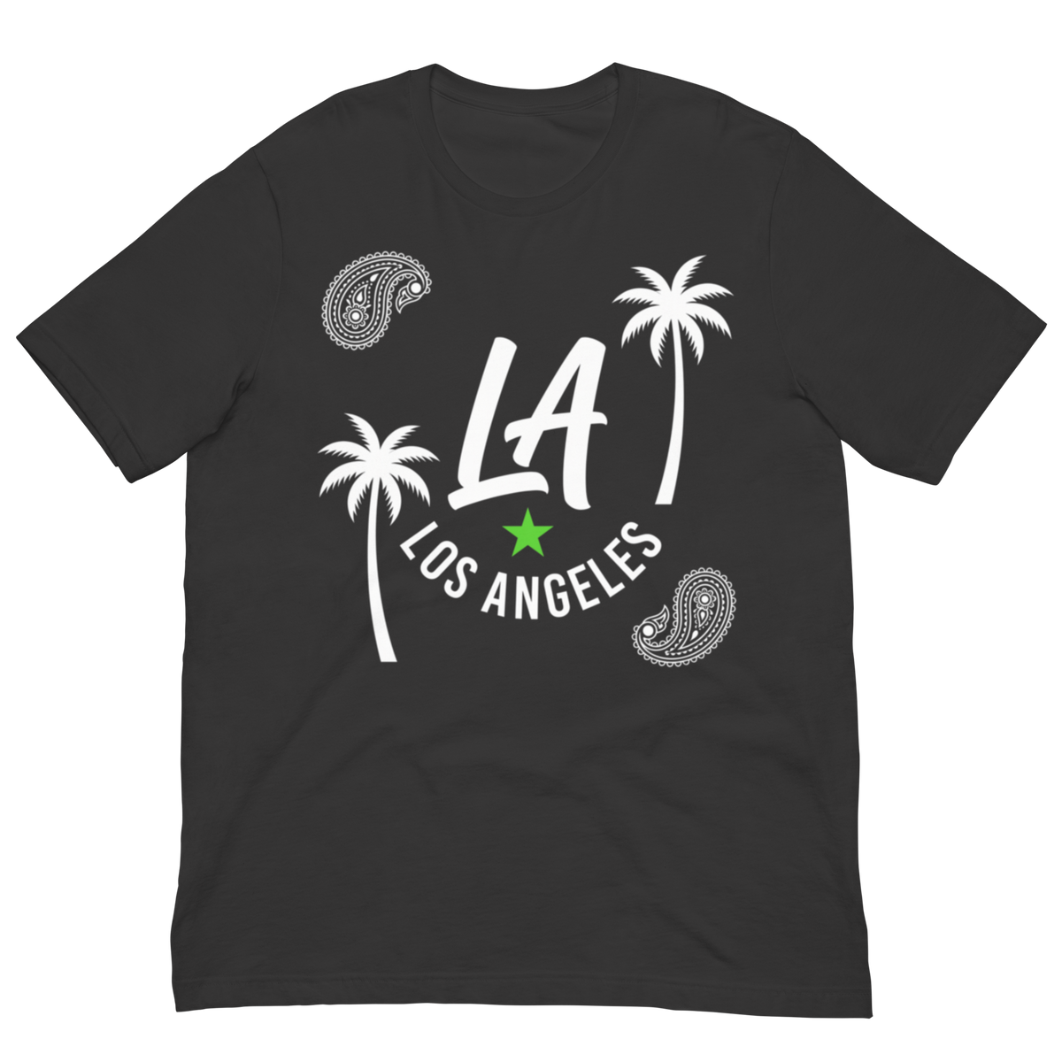 A black short-sleeve t-shirt with a white graphic print featuring the text 'LA LOS ANGELES', two palm trees, and two paisley designs, with a small green star accent.