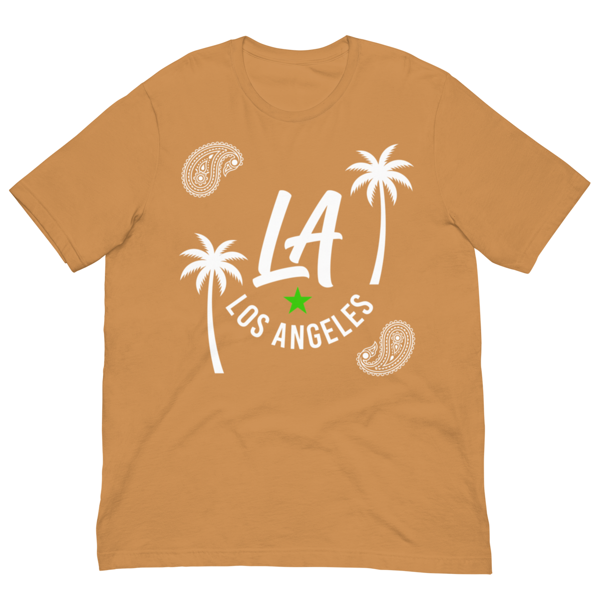 A short-sleeve crewneck t-shirt in a warm golden-orange color, featuring a white graphic print on the front with the text 'LA LOS ANGELES', palm trees, paisley patterns, and a small green star.