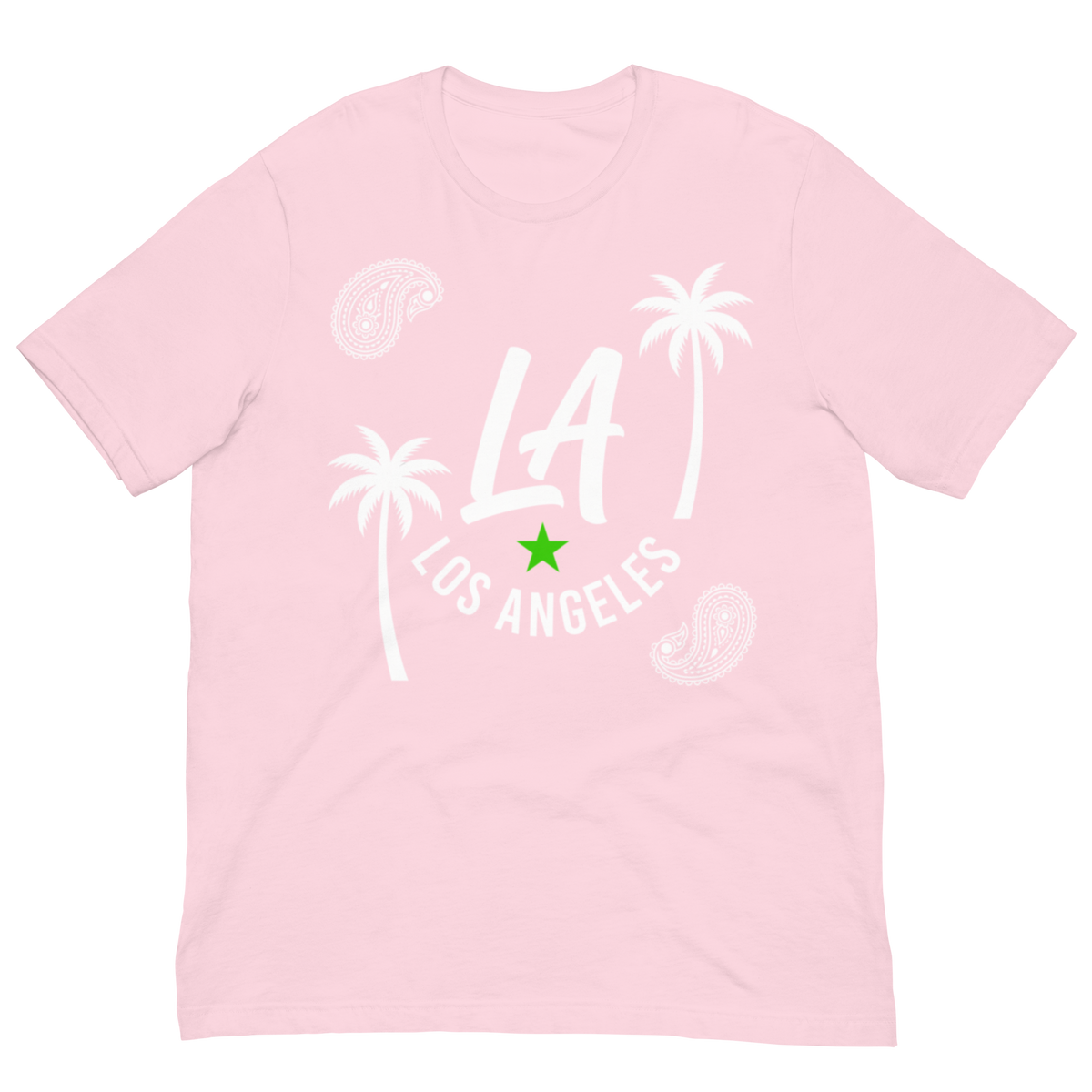 A light pink short-sleeve crewneck t-shirt with a white graphic print featuring the text 'LA LOS ANGELES', palm trees, paisley patterns, and a small green star on the front.