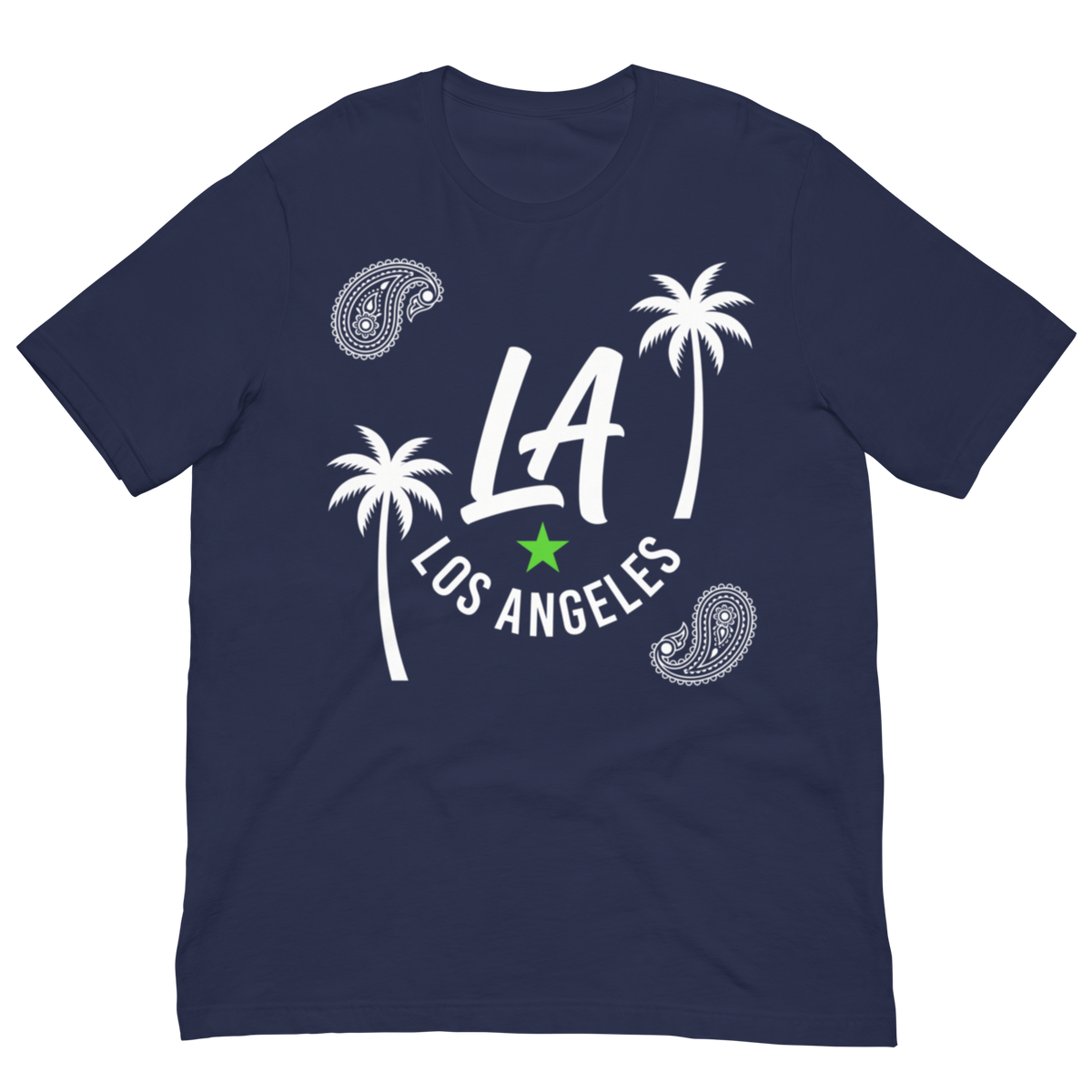 A navy blue short-sleeve t-shirt with a white graphic print featuring the text 'LA LOS ANGELES', two palm trees, two paisley designs, and a small green star, shown on a plain white background.