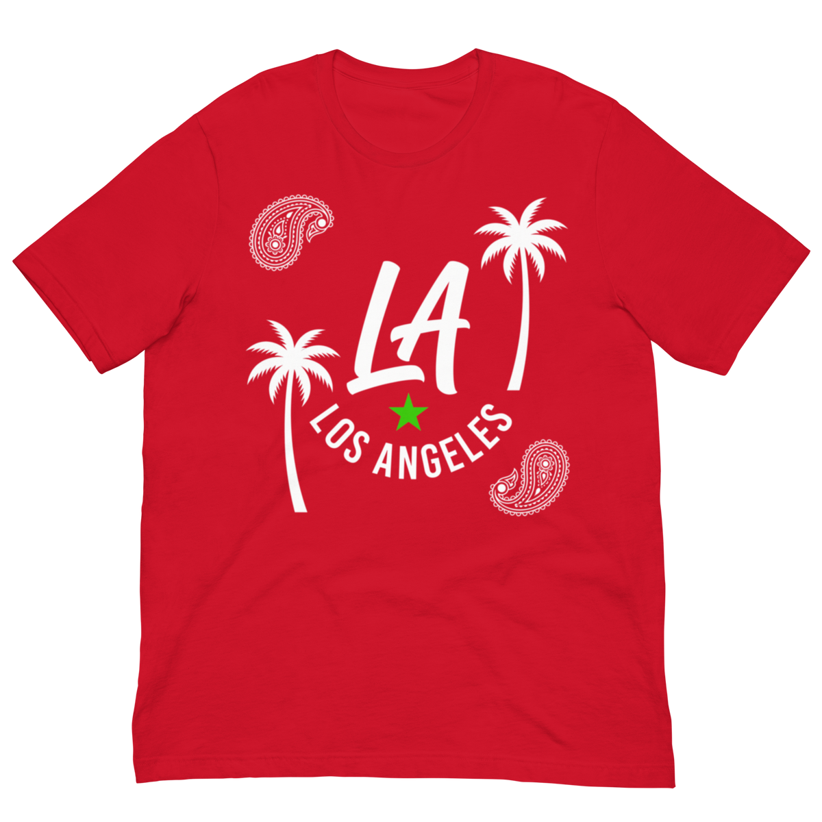 A red short-sleeve crewneck t-shirt featuring a white graphic print of 'LA LOS ANGELES' with palm trees, paisley patterns, and a small green star on the front, set against a plain white background.