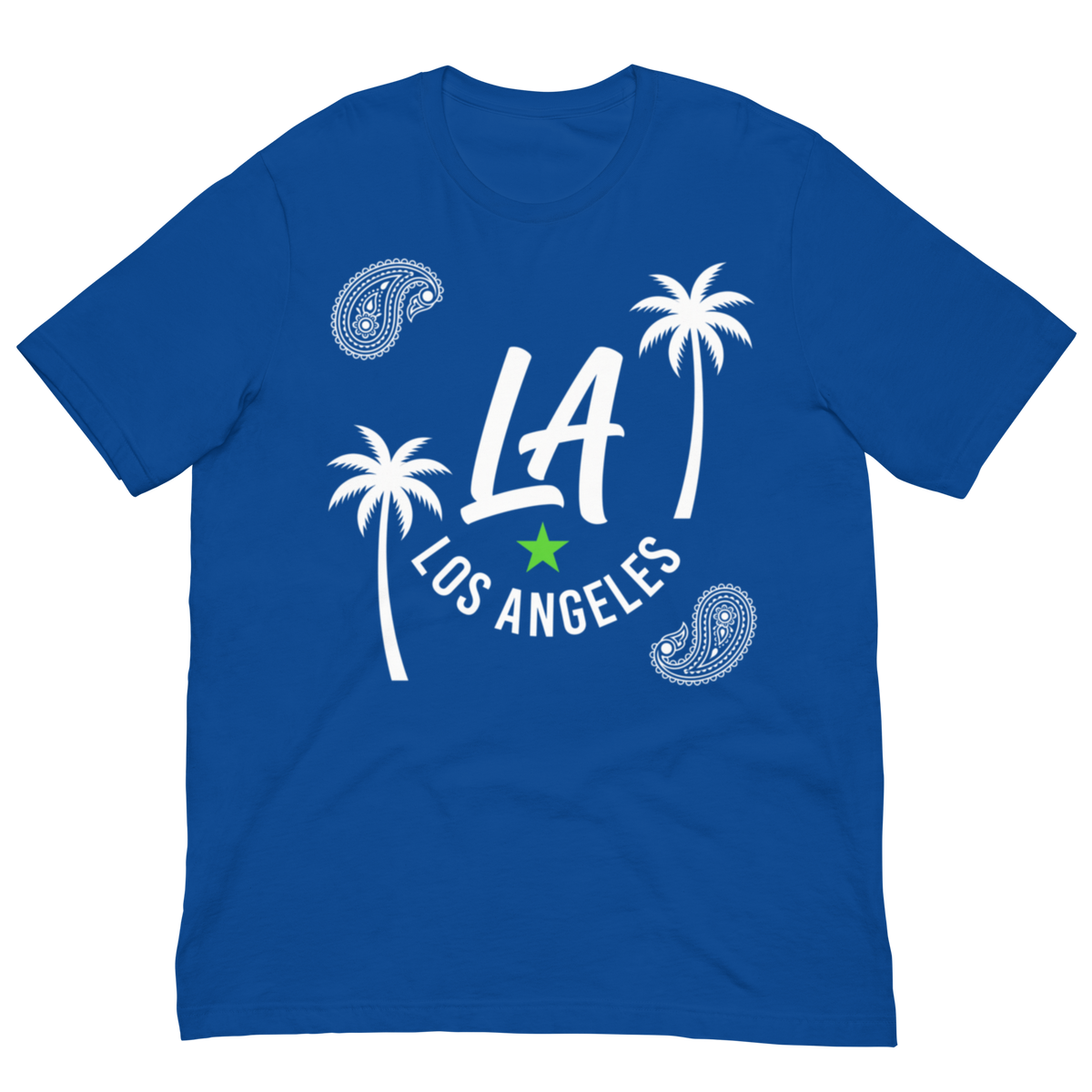 A royal blue short-sleeve t-shirt with a white graphic print featuring the text 'LA LOS ANGELES', two palm trees, and two paisley designs, with a small green star accent.