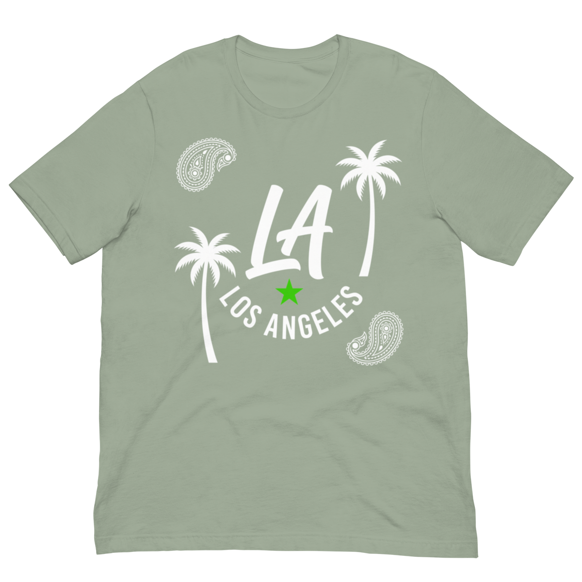 A sage green crewneck t-shirt with a white graphic print featuring the text 'LA LOS ANGELES', two palm trees, paisley patterns, and a small green star.
