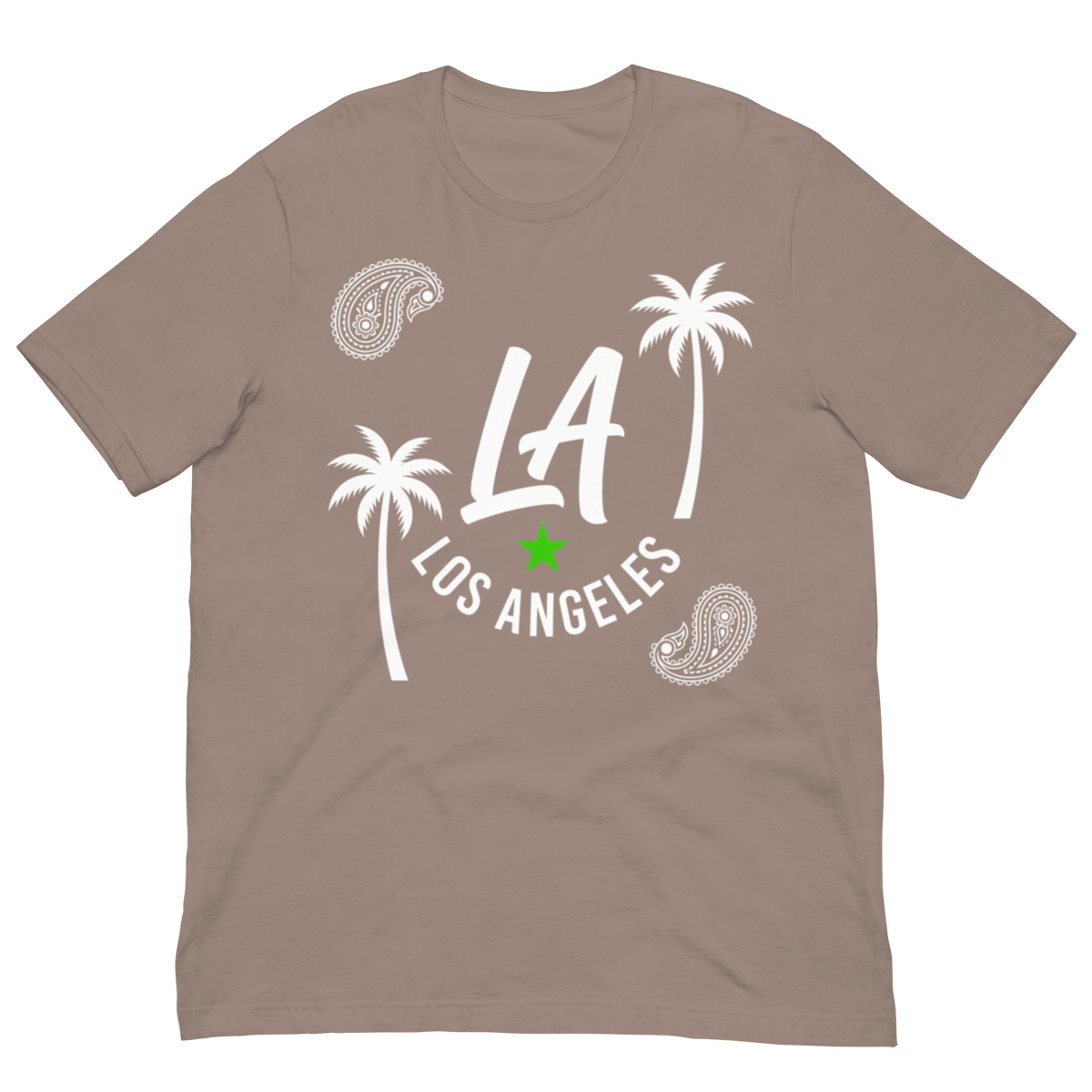 A taupe brown short-sleeve t-shirt with a white graphic print featuring the text 'LA LOS ANGELES', palm trees, paisley patterns, and a small green star, displayed on a solid white background.