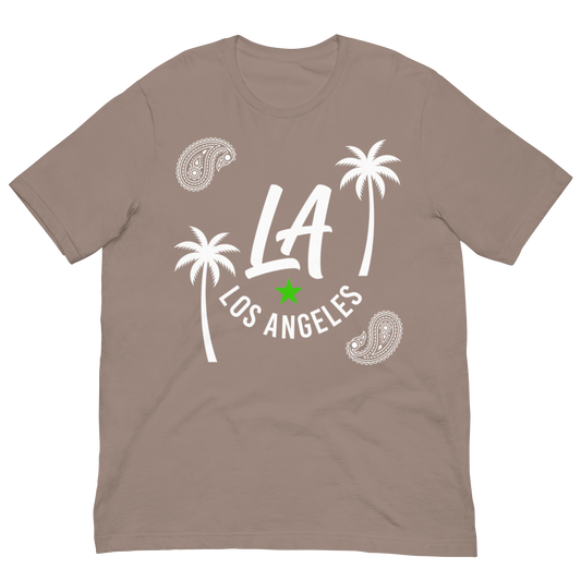 A taupe brown short-sleeve t-shirt with a white graphic print featuring the text 'LA LOS ANGELES', palm trees, paisley patterns, and a small green star, displayed on a solid white background.