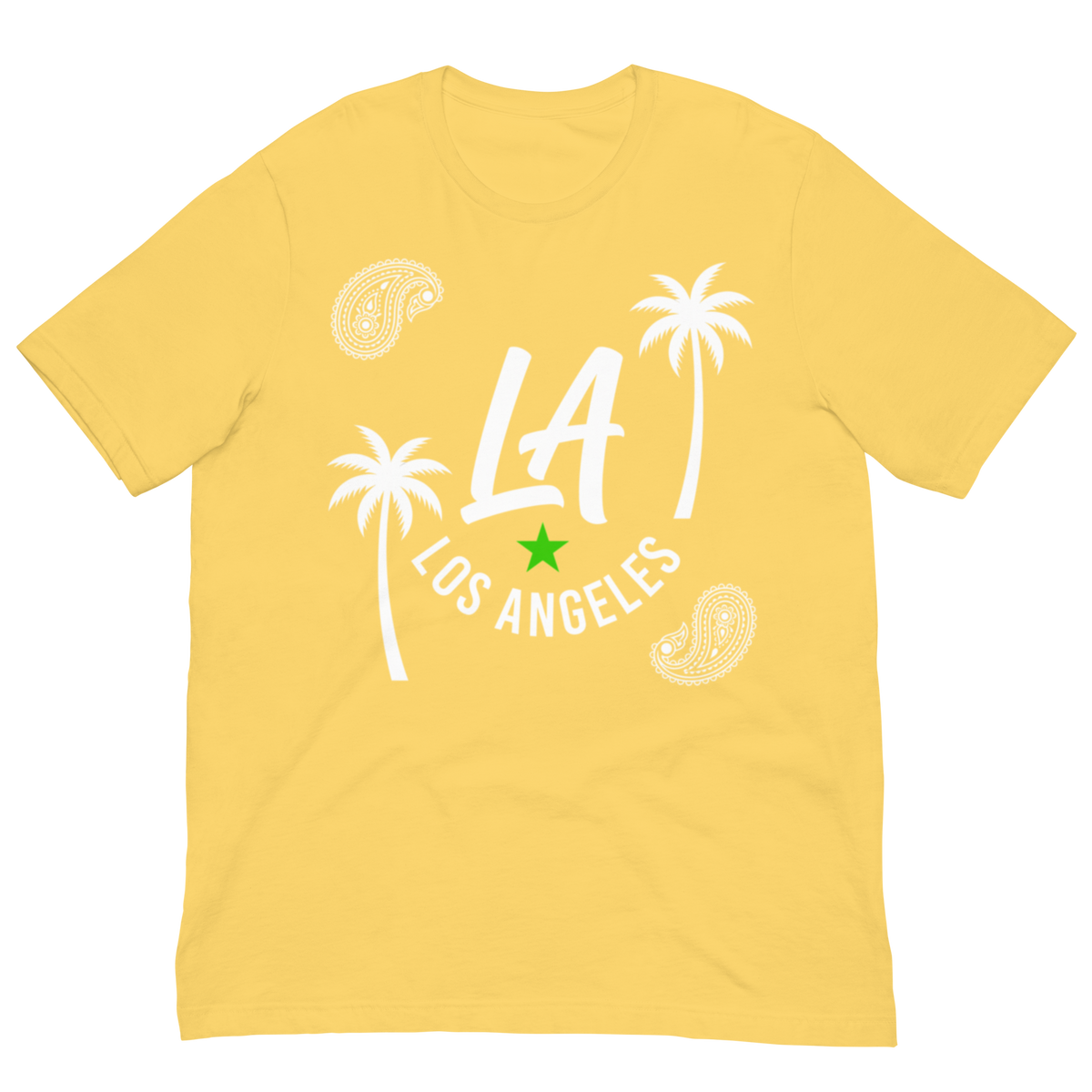 A yellow short-sleeve crewneck t-shirt with a white graphic print featuring the text 'LA LOS ANGELES', palm trees, paisley patterns, and a small green star.