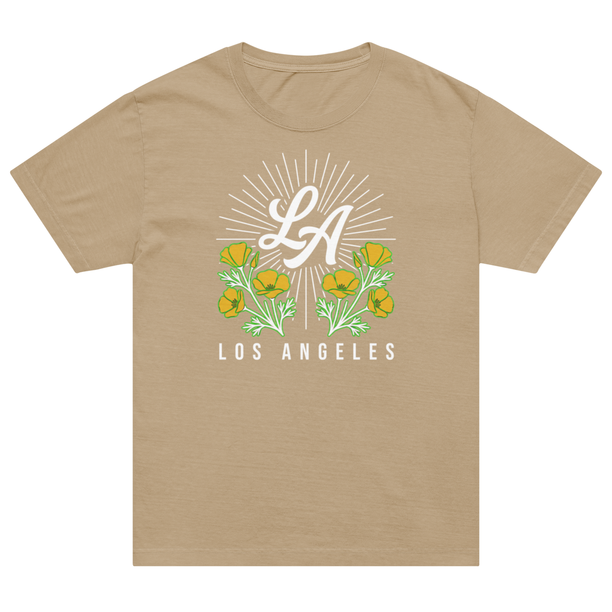 A beige short-sleeve crewneck t-shirt featuring a white 'LA' script with a sunburst and yellow-orange flowers with green leaves, above the text 'LOS ANGELES'.