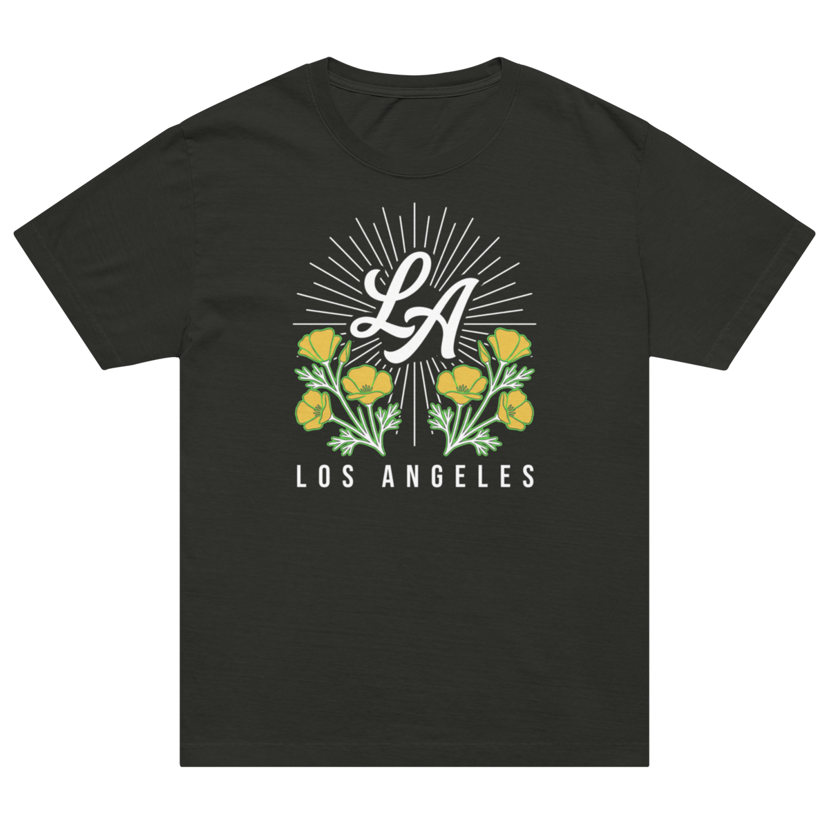 A black short-sleeve crewneck t-shirt featuring a Los Angeles graphic print on the front. The design includes a white 'LA' script inside a sunburst, flanked by yellow flowers with green leaves, and the text 'LOS ANGELES' printed below in white.