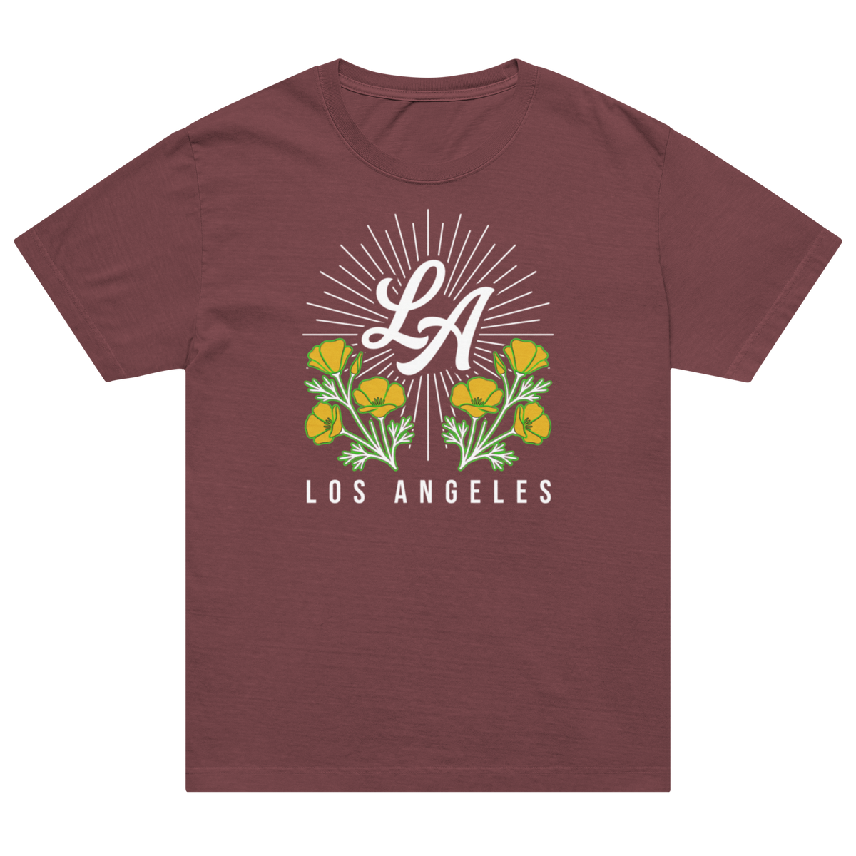 A short-sleeve crewneck t-shirt in a heathered dusty rose or mauve color, featuring a graphic print on the front with the letters 'LA' in white script, a burst of white rays, yellow flowers, green leaves, and the text 'LOS ANGELES' below.
