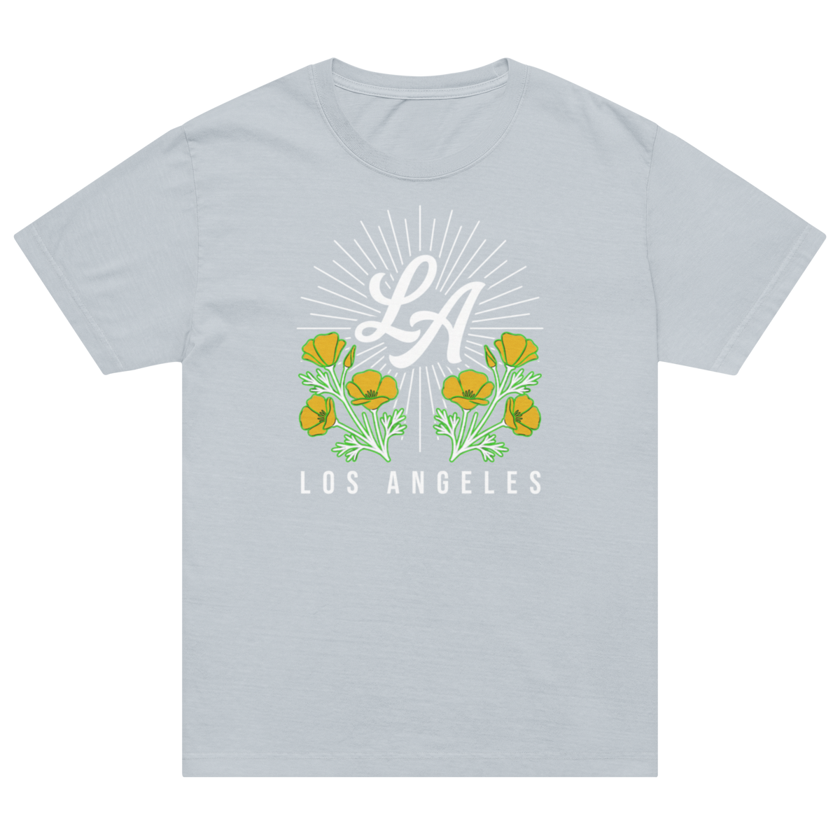A light gray crewneck t-shirt featuring a graphic print of yellow flowers, green leaves, and a white 'LA' monogram with 'LOS ANGELES' text underneath, displayed on a solid white background.