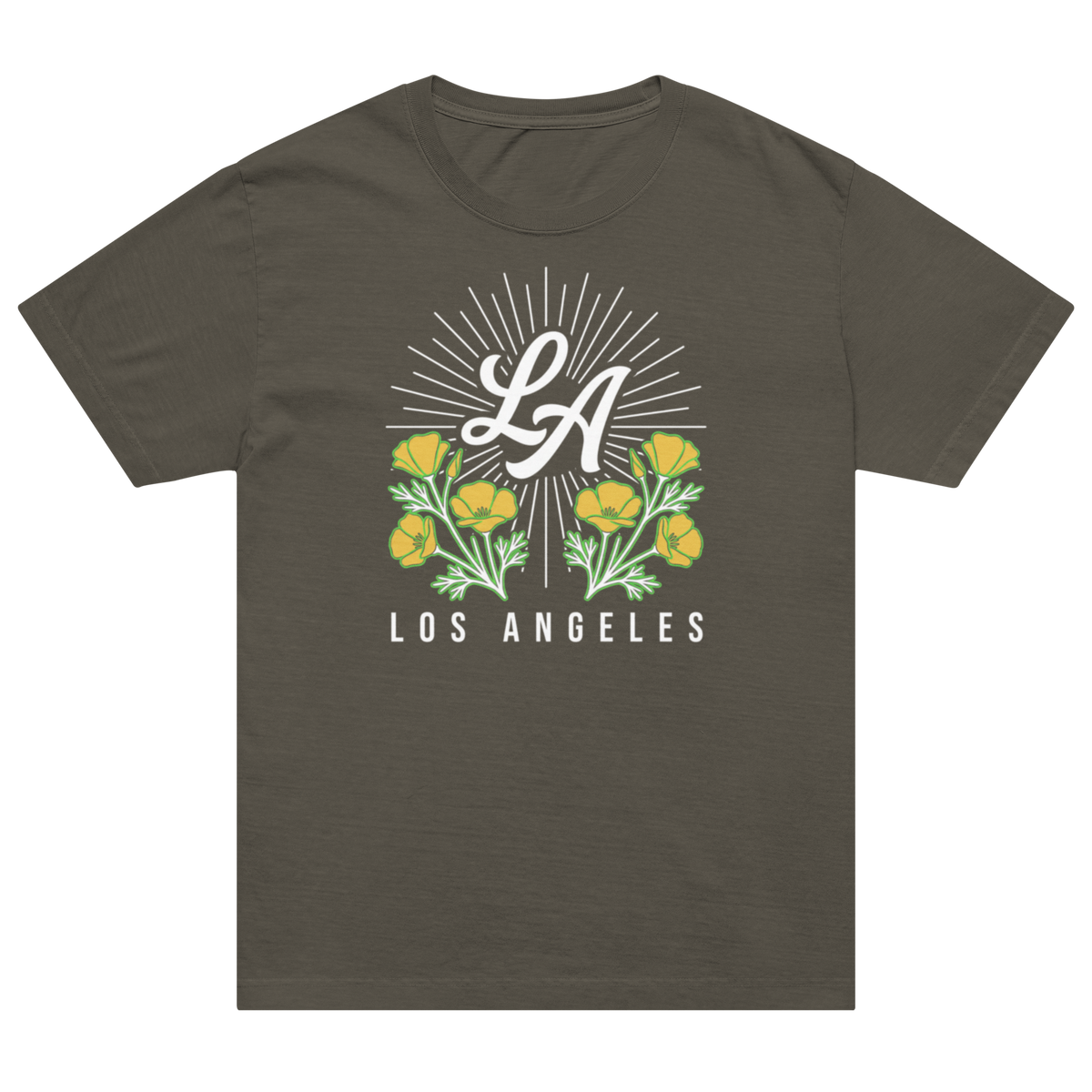 A dark olive gray short-sleeve t-shirt with a graphic on the chest featuring the letters 'LA' in white script, surrounded by yellow flowers and green leaves, with 'LOS ANGELES' printed below.