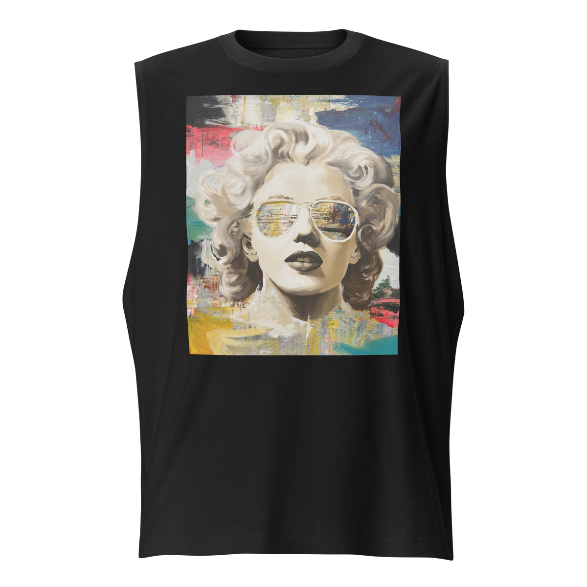 A black sleeveless tank top featuring a large rectangular graphic print of a Marilyn Monroe-style portrait with colorful abstract background paint strokes. Daniel Maltzman design