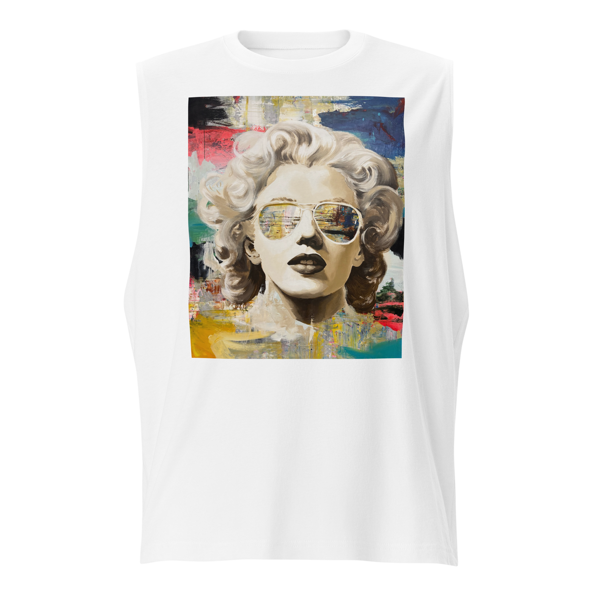 A white sleeveless tank top featuring a colorful graphic print of Marilyn Monroe wearing aviator sunglasses, Daniel Maltzman design.