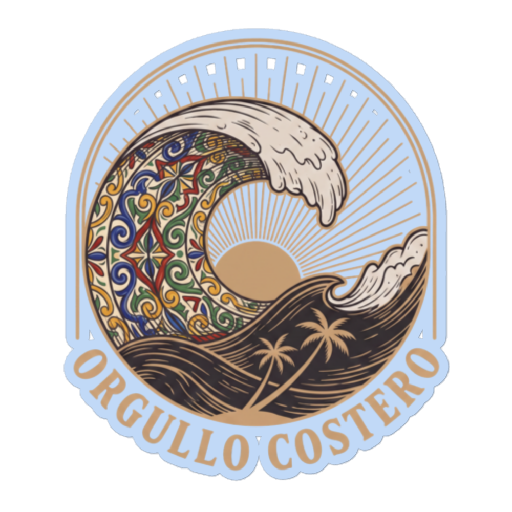 A circular vintage-style sticker or emblem featuring a stylized wave with ornate Mediterranean patterns, a rising sun, palm trees, and the text 'ORGULLO COSTERO' along the bottom, shown on a plain white background.