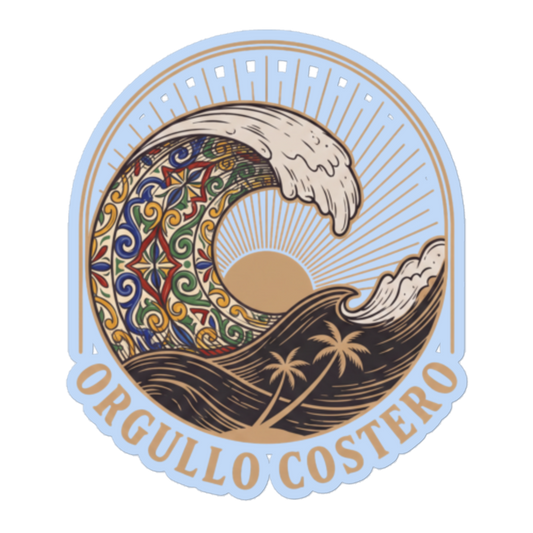 A circular vintage-style sticker or emblem featuring a stylized wave with ornate Mediterranean patterns, a rising sun, palm trees, and the text 'ORGULLO COSTERO' along the bottom, shown on a plain white background.