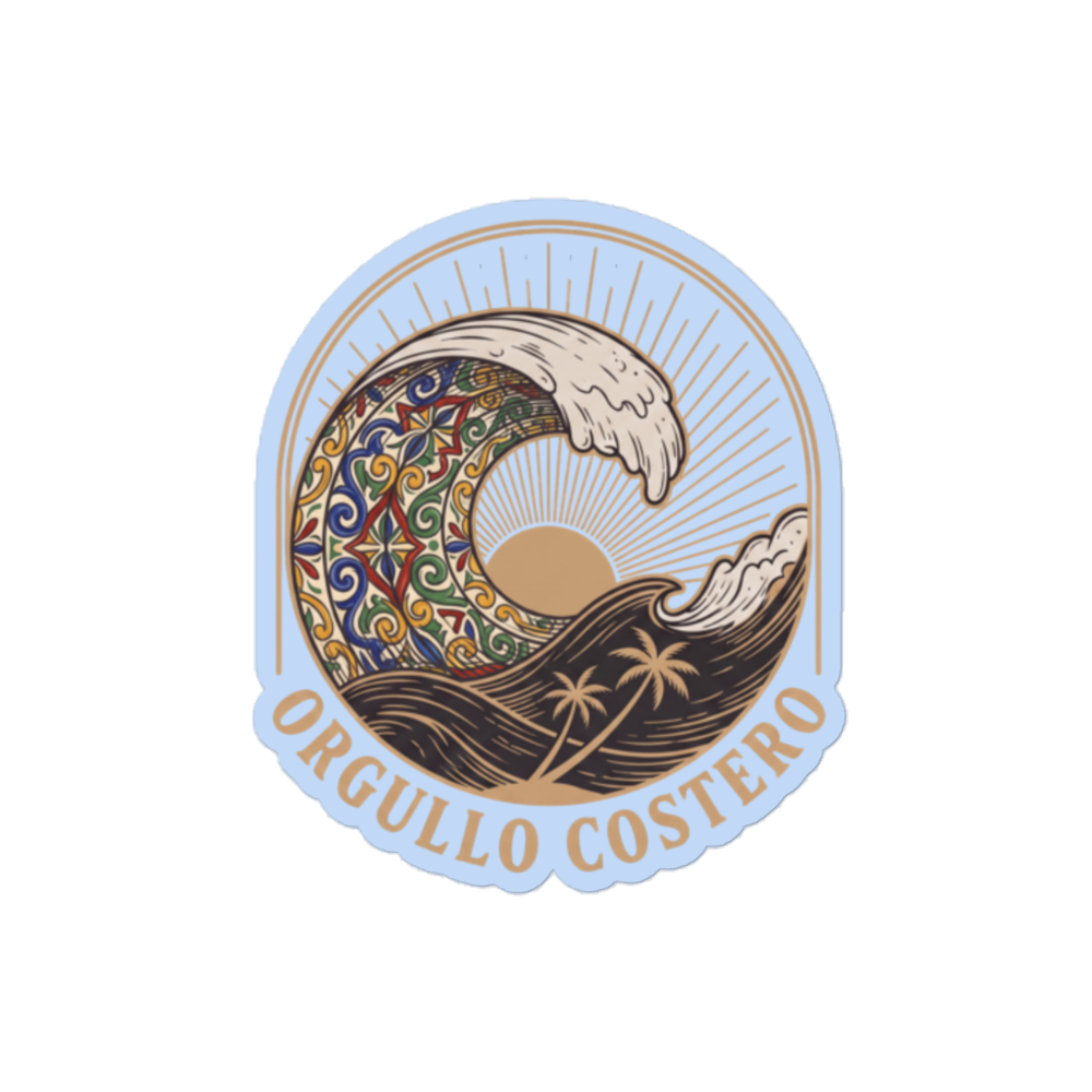 A circular sticker or patch featuring an ornate wave illustration with a multicolored patterned section, a beige sunburst, palm trees, and the text 'ORGULLO COSTERO' along the bottom, shown on a plain white background.