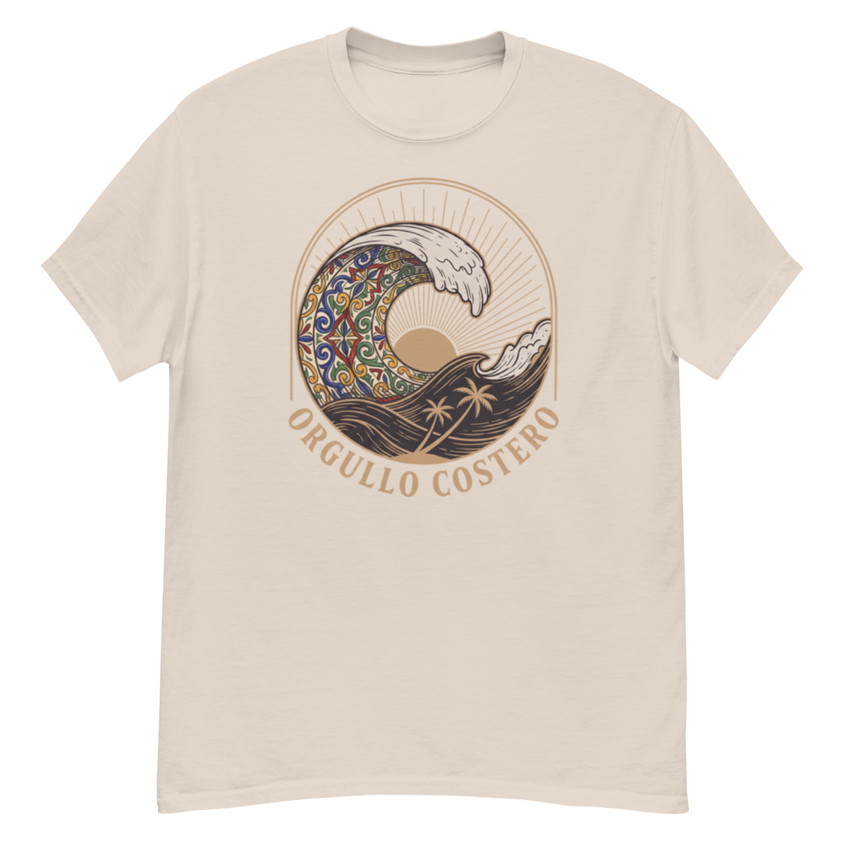 A light beige crewneck t-shirt featuring a circular graphic of a stylized wave with a colorful mandala pattern, a rising sun, palm trees, and the text 'ORGULLO COSTERO' printed below in a tan serif font.