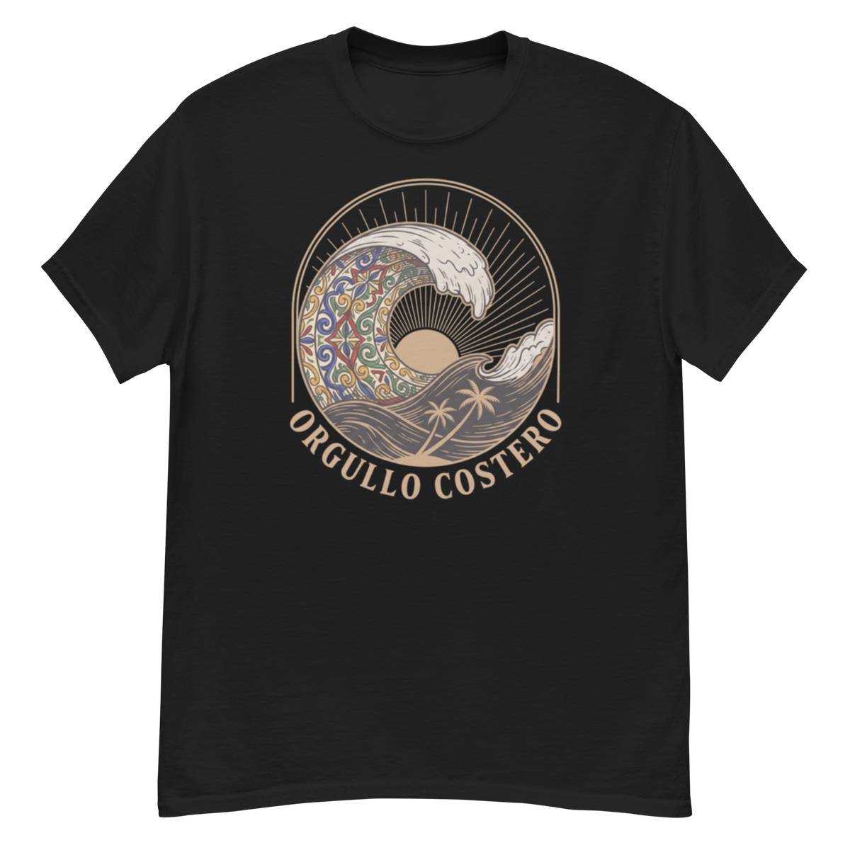 A black short-sleeve crewneck t-shirt featuring a circular graphic print on the chest. The graphic depicts a stylized wave with a colorful mandala pattern on one side and a beige sun on the other, with the text 'ORGULLO COSTERO' printed below in a curved tan font.