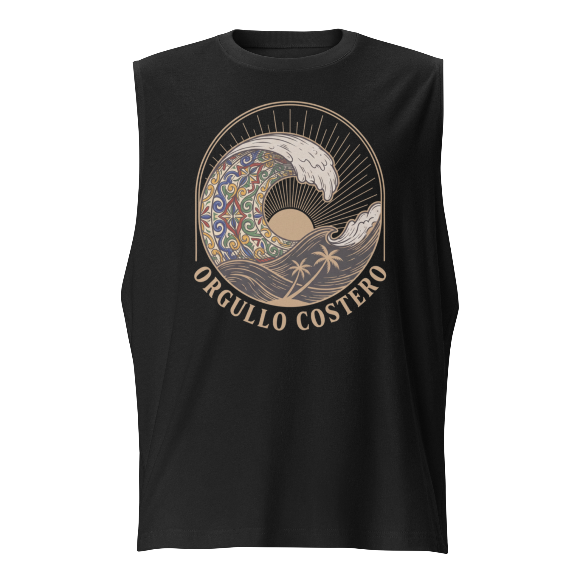 A black sleeveless t-shirt with a circular graphic of a stylized wave featuring a mandala pattern and a sun, with the text 'ORGULLO COSTERO' printed below in beige.