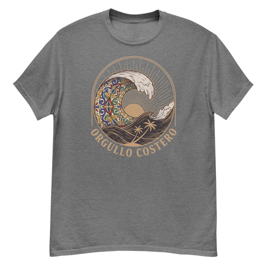 A heather gray crewneck t-shirt featuring a circular graphic print of a stylized wave with a mandala pattern, a sun, and the text 'ORGULLO COSTERO' in tan.
