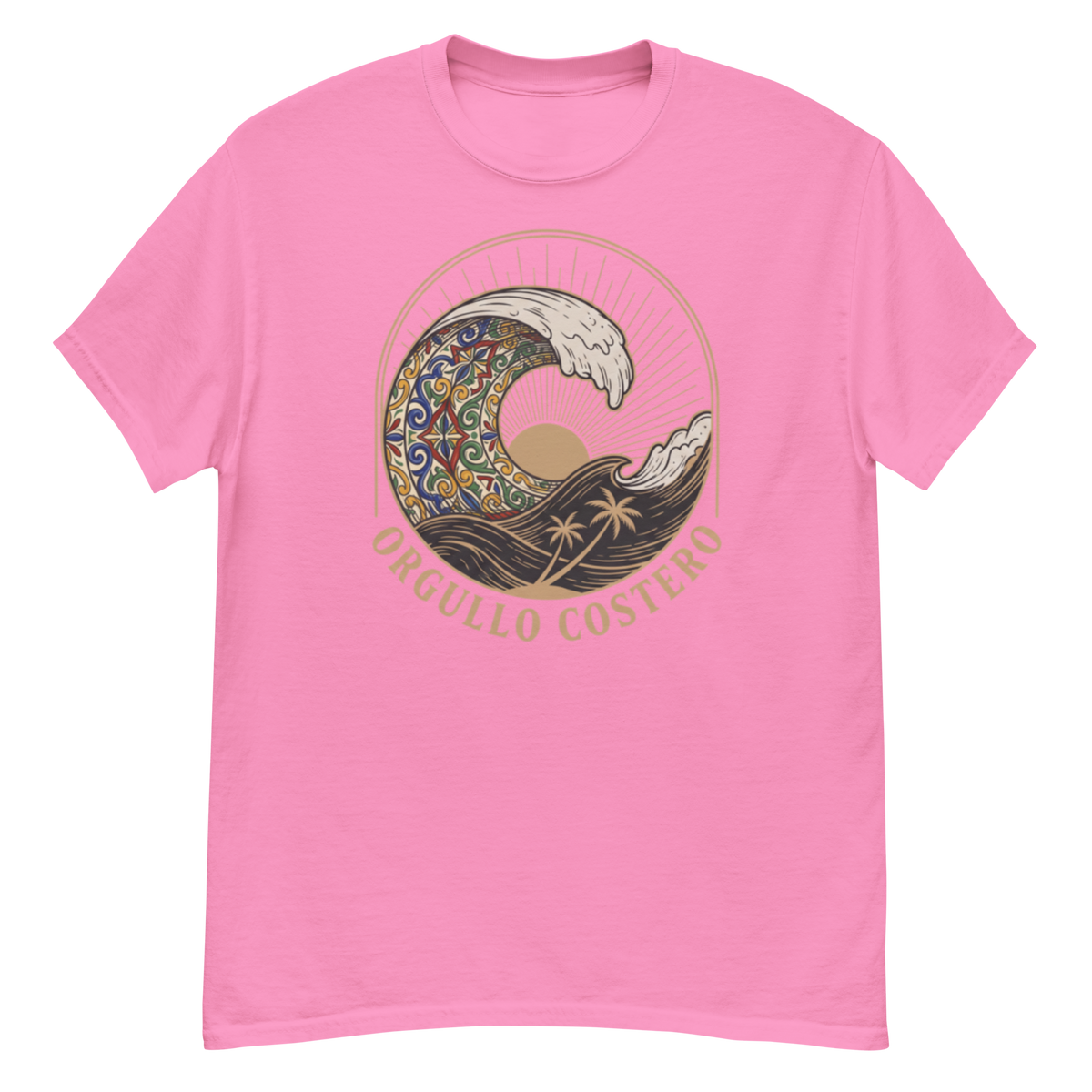 A pink short-sleeve crewneck t-shirt featuring a circular graphic of a stylized wave with a colorful mandala pattern, a sun, and the text 'ORGULLO COSTERO' printed in gold.