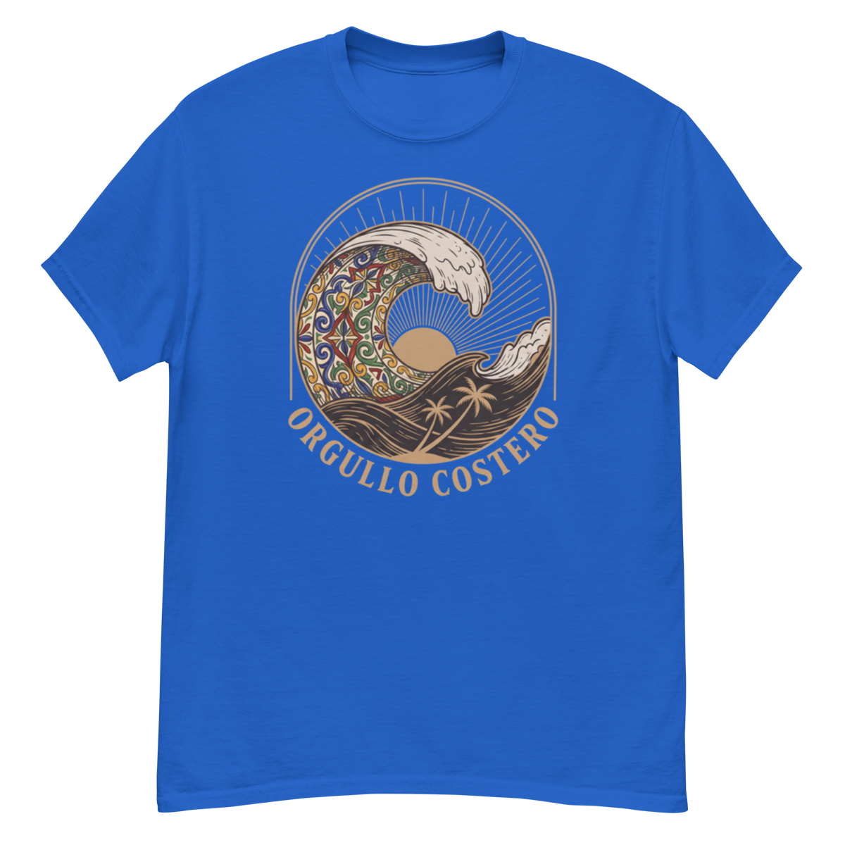 A royal blue short-sleeve crewneck t-shirt featuring a circular graphic print on the chest. The graphic depicts a stylized wave with a colorful geometric pattern on the left, a white crest on the right, and a gold sun and dark brown waves below, with the text 'ORGULLO COSTERO' printed in gold along the bottom curve of the wave.