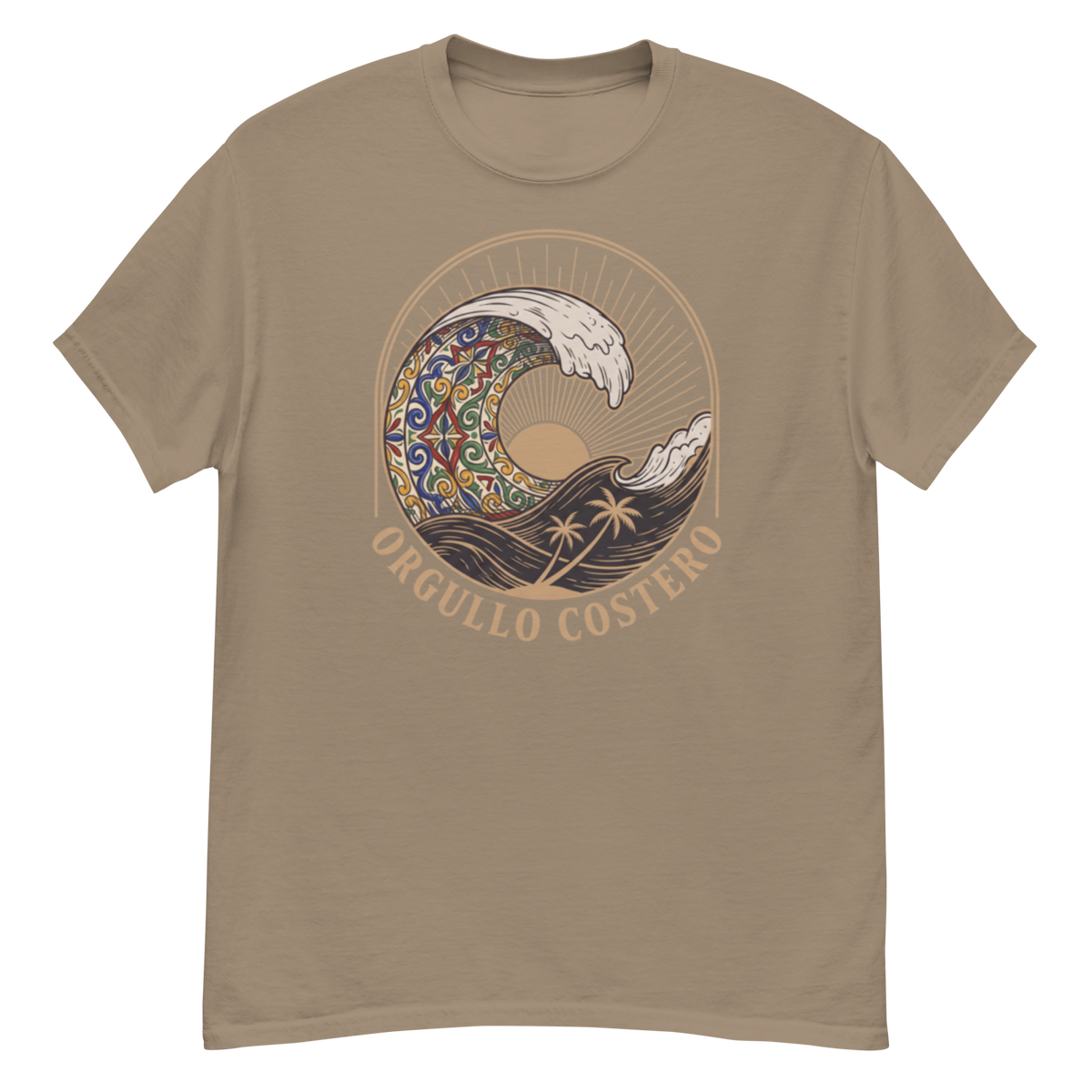 A taupe brown short-sleeve crewneck t-shirt featuring a circular graphic of a wave with a mandala pattern and the text 'ORGULLO COSTERO' printed below it.