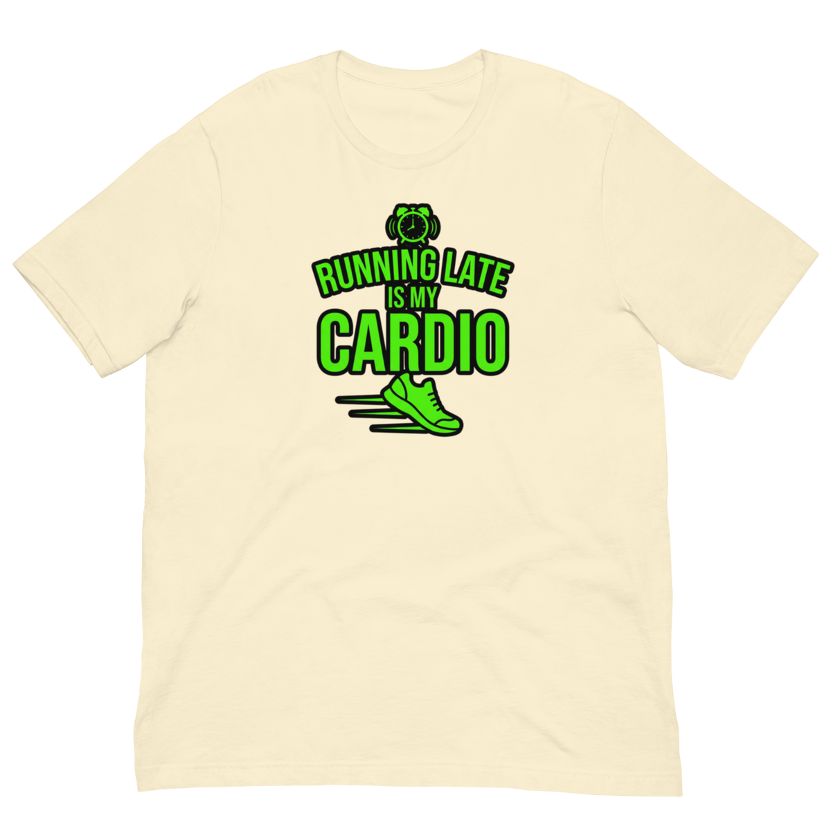 A beige short-sleeve crewneck t-shirt with a green graphic on the chest that reads 'BUNNING LATE IS MY CARDIO' above a running shoe illustration.