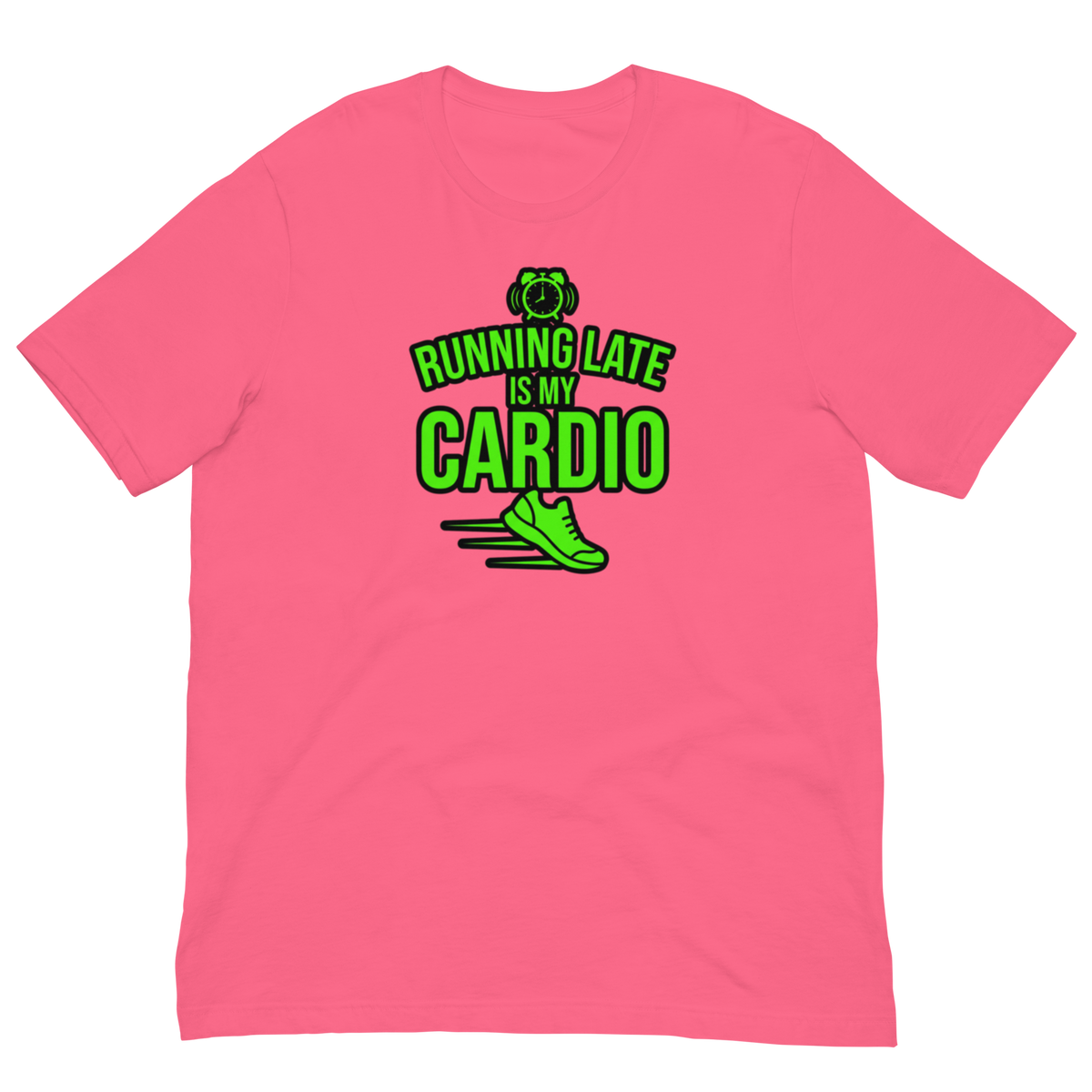 A bright pink short-sleeve crewneck t-shirt with a green graphic on the chest that reads 'BUNNING LATE IS MY CARDIO' with a running shoe and alarm clock illustration.