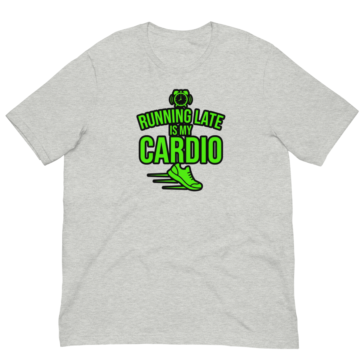 A heather gray short-sleeve crewneck t-shirt with a green graphic on the chest that reads 'BUNNING LATE IS MY CARDIO' above a running shoe illustration.