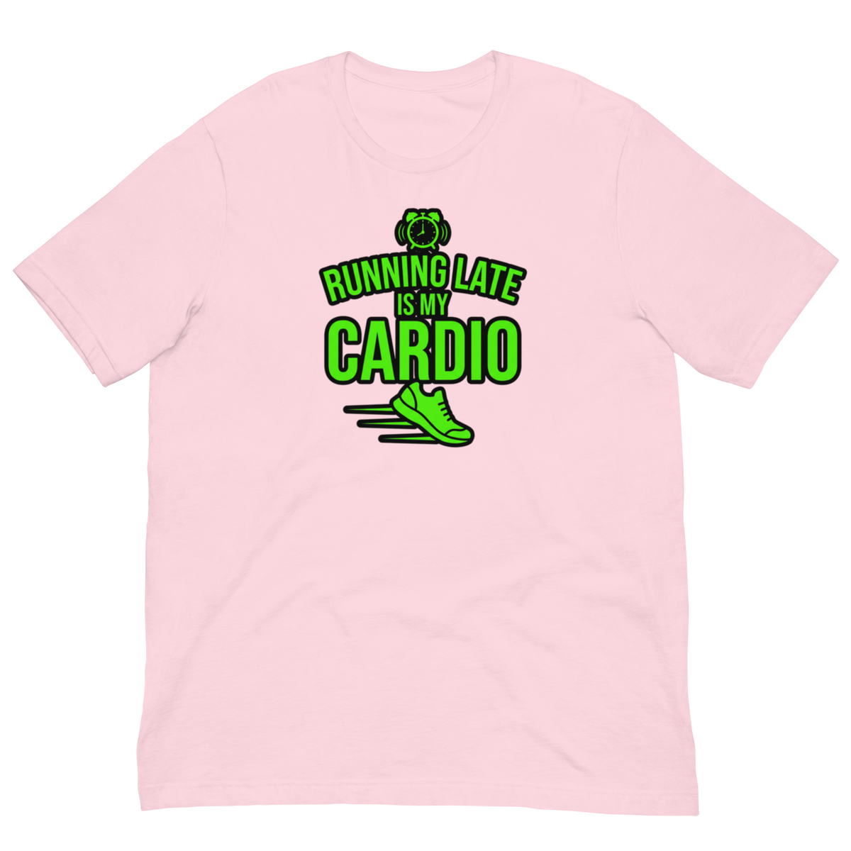 A light pink short-sleeve crewneck t-shirt with a green graphic on the chest that reads 'BUNNING LATE IS MY CARDIO' above a running shoe illustration.