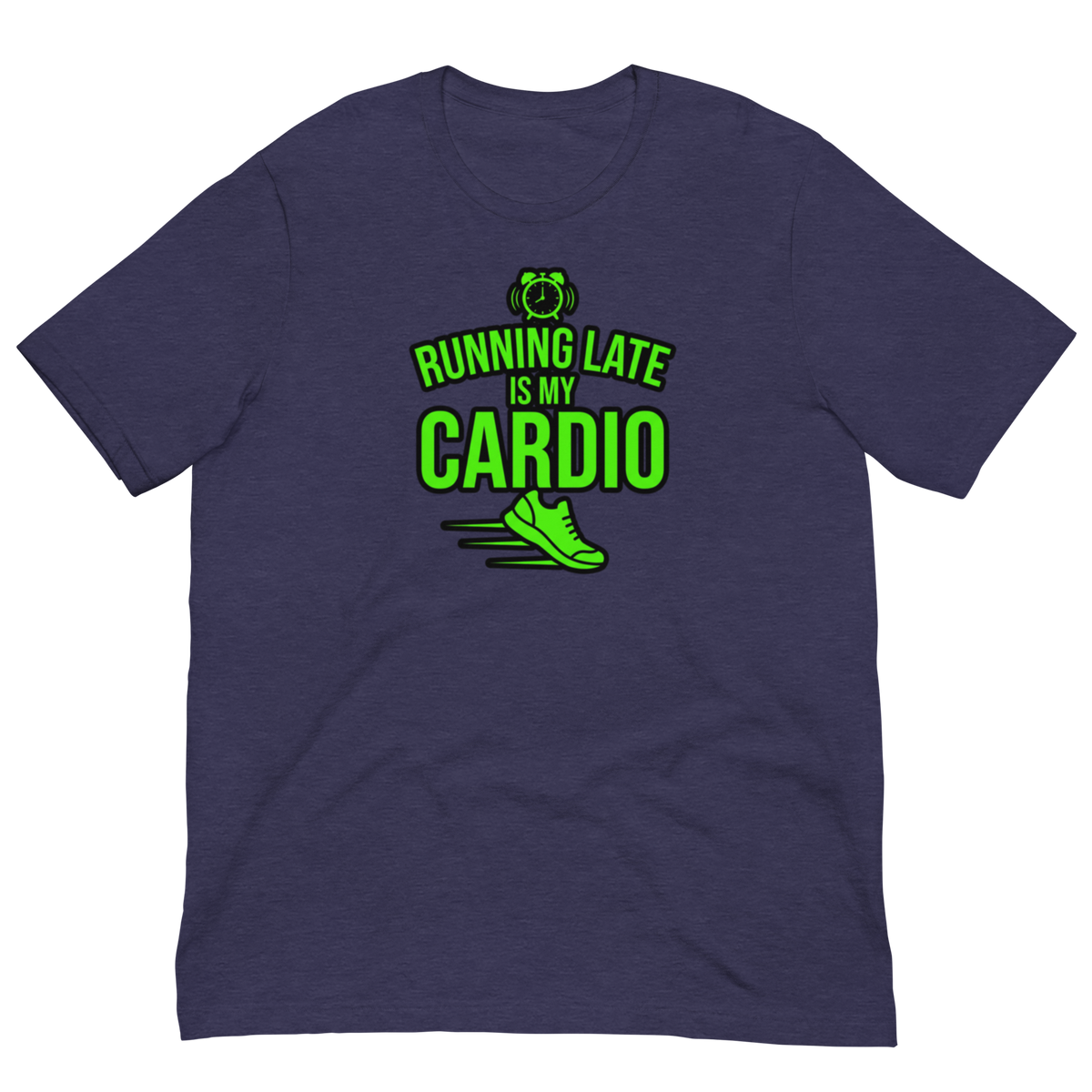 A navy blue heathered short-sleeve t-shirt with a bright green graphic on the chest that reads 'RUNNING LATE IS MY CARDIO' with a running shoe and alarm clock illustration, shown on a plain white background.