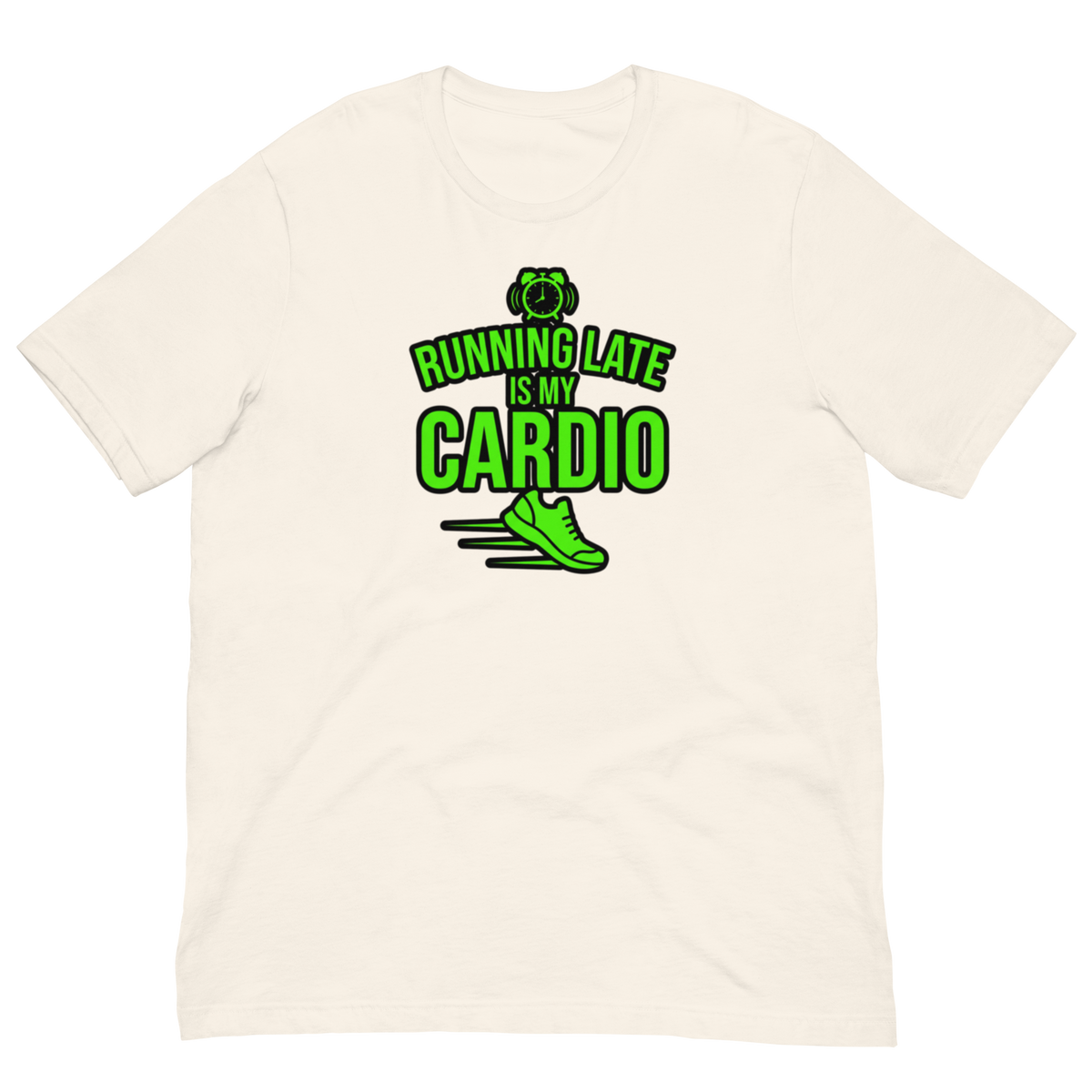 A off-white short-sleeve crewneck t-shirt with a green graphic on the chest that reads 'BUNNING LATE IS MY CARDIO' above a running shoe illustration.