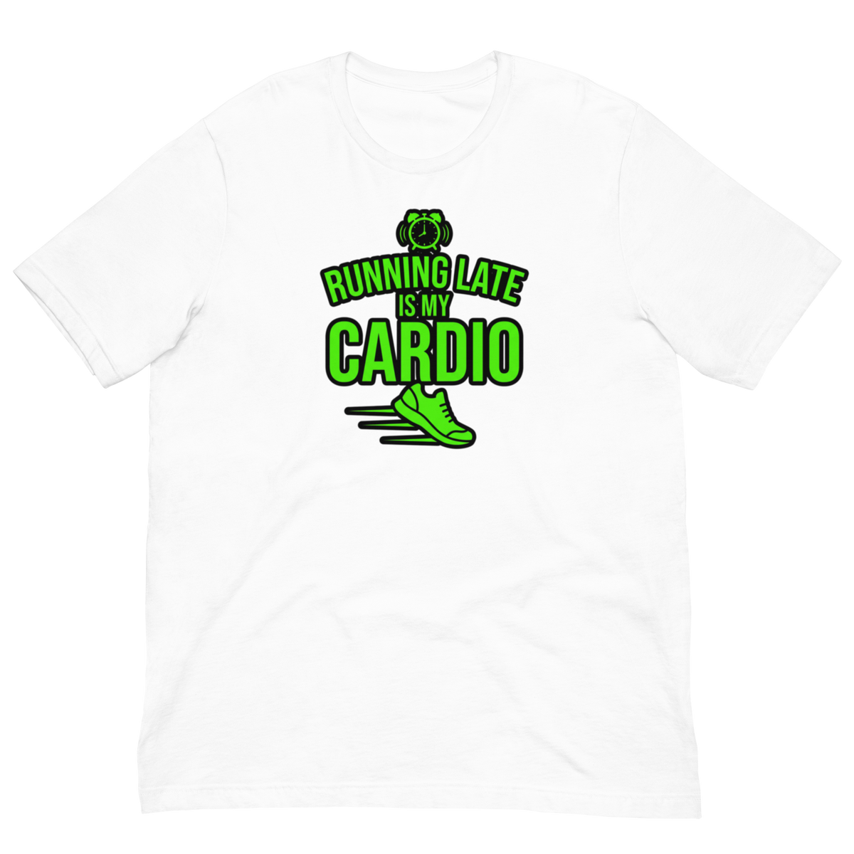 A white short-sleeve crewneck t-shirt featuring a bright green graphic on the chest that reads 'BUNNING LATE IS MY CARDIO' with a running shoe and a green heart icon.