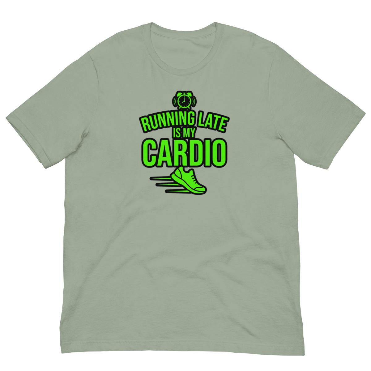A sage green crewneck t-shirt with a bright green graphic on the chest that reads 'BUNNING LATE IS MY CARDIO' with a running shoe and alarm clock illustration.