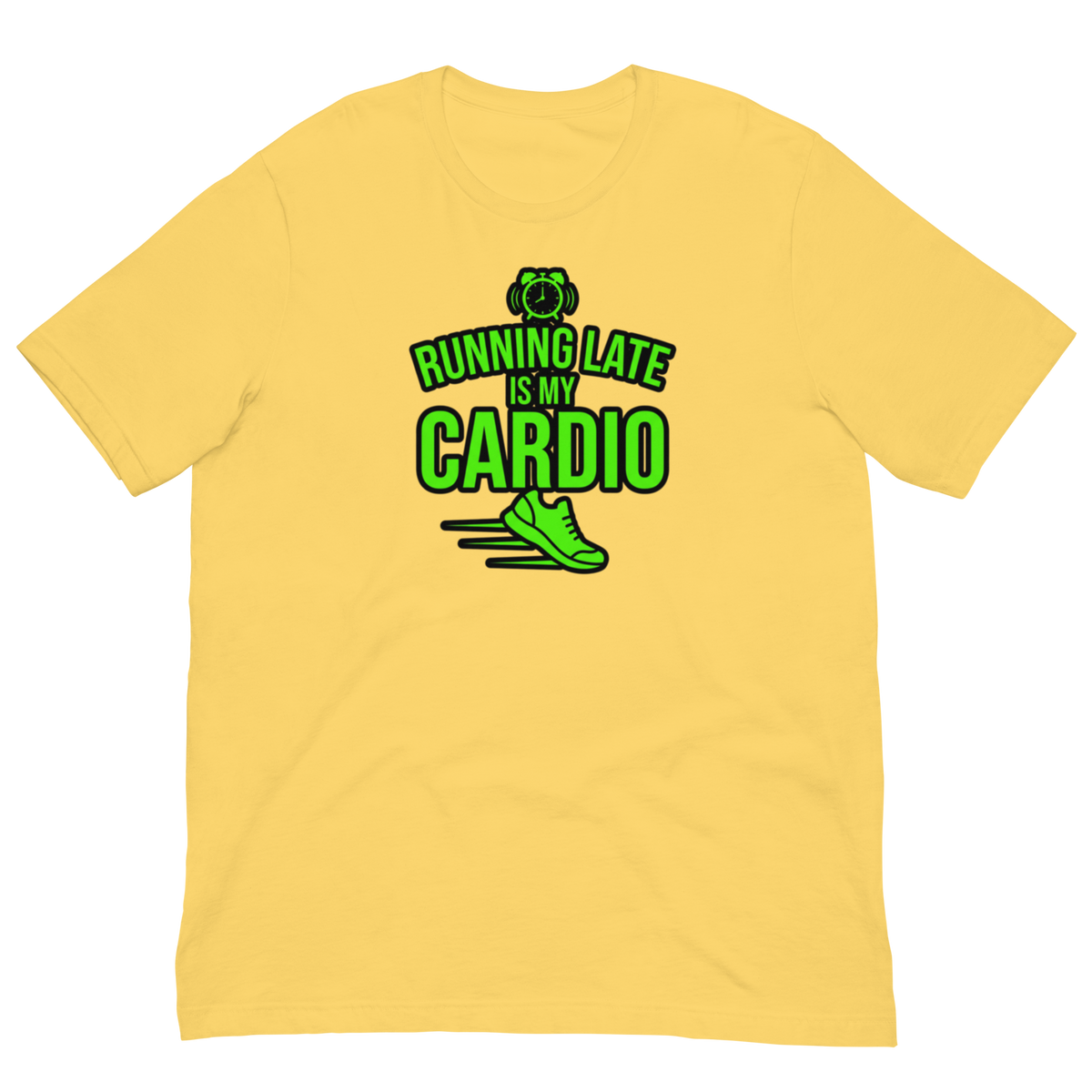 A yellow short-sleeve crewneck t-shirt with a green graphic on the chest that reads 'BUNNING LATE IS MY CARDIO' with a running shoe and heart icon.