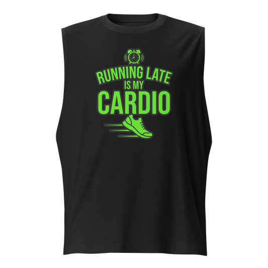 A black sleeveless athletic tank top with a bright green graphic print on the front that reads 'RUNNING LATE IS MY CARDIO' with an alarm clock and running shoe illustration, shown on a plain white background.