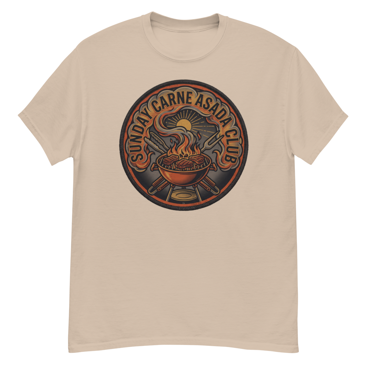 A beige crewneck t-shirt featuring a circular graphic print on the chest with the text 'SUNDAY CARNE ASADA CLUB' surrounding an illustration of a grill and hot dogs.