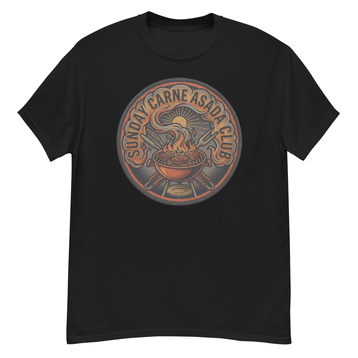 A black short-sleeve crewneck t-shirt featuring a circular graphic on the chest with the text 'SUNDAY CARNE ASADA CLUB' surrounding an illustration of a smoking grill and steak.