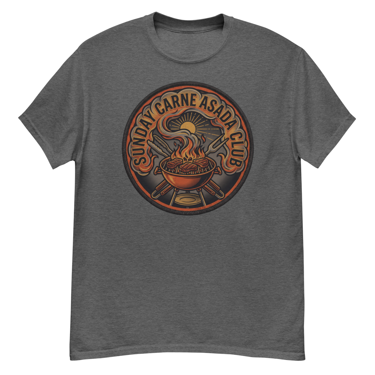 A heather dark gray crewneck t-shirt featuring a circular graphic print on the chest. The graphic depicts a steaming barbecue grill with crossed utensils, a sun, and the text 'SUNDAY CARNE ASADA CLUB' in a warm orange and brown color palette.