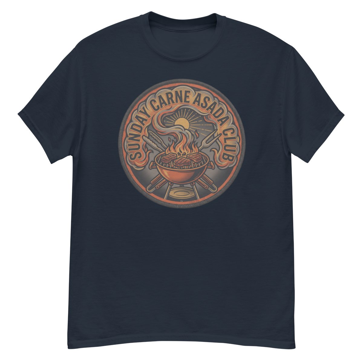 A navy blue short-sleeve crewneck t-shirt featuring a circular graphic on the chest with the text 'SUNDAY CARNE ASADA CLUB' surrounding an illustration of a grill and hot dogs.