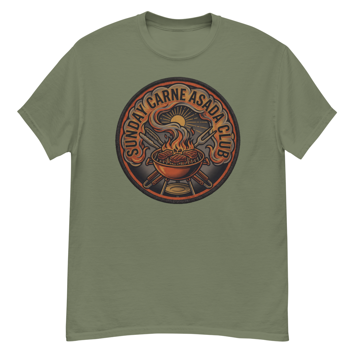 An olive green crewneck t-shirt featuring a circular graphic print on the chest with a grill, flames, and the text 'SUNDAY CARNE ASADA CLUB'.