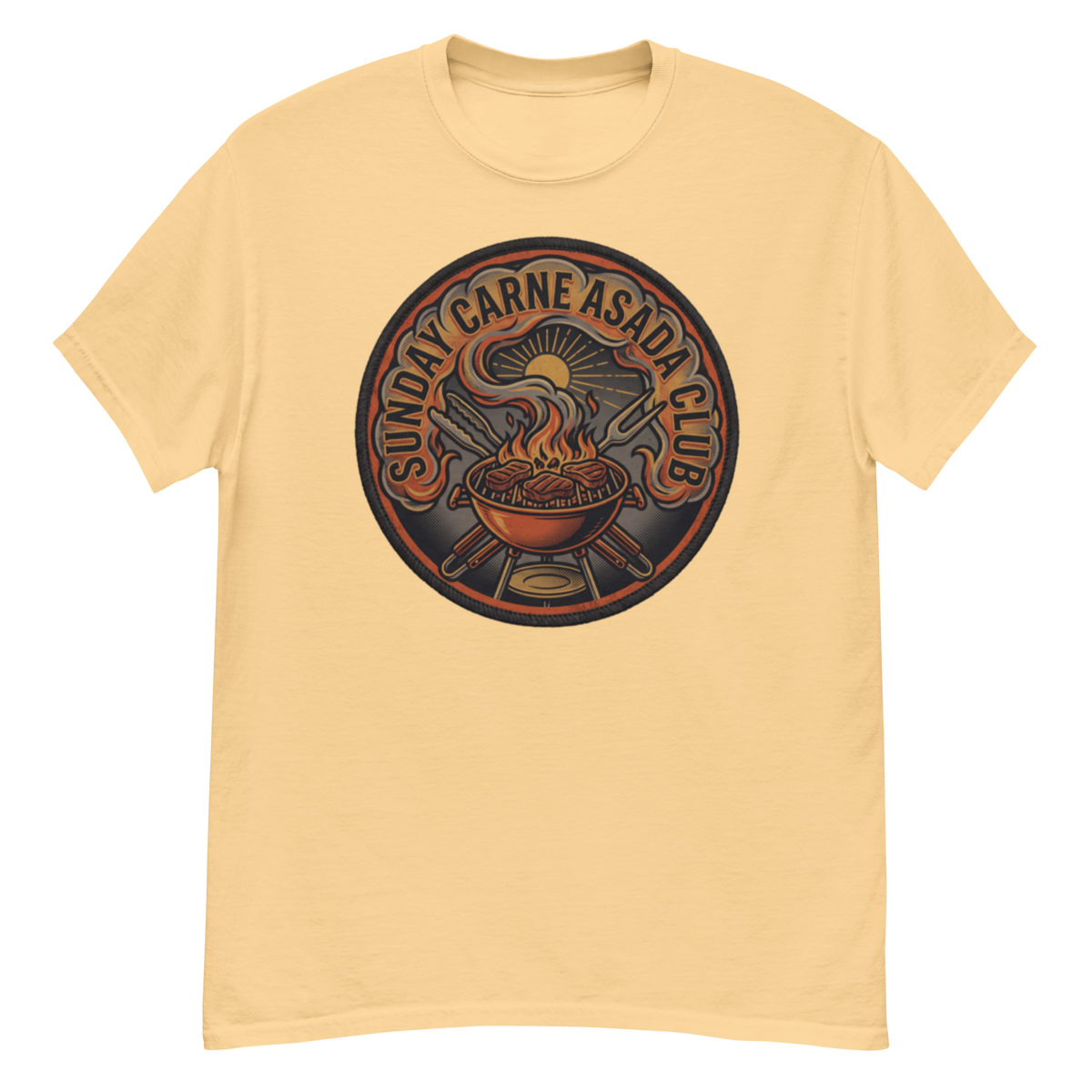 A pale yellow crewneck t-shirt featuring a circular graphic on the chest with the text 'SUNDAY CARNE ASADA CLUB' surrounding an illustration of a flaming grill and a snake.