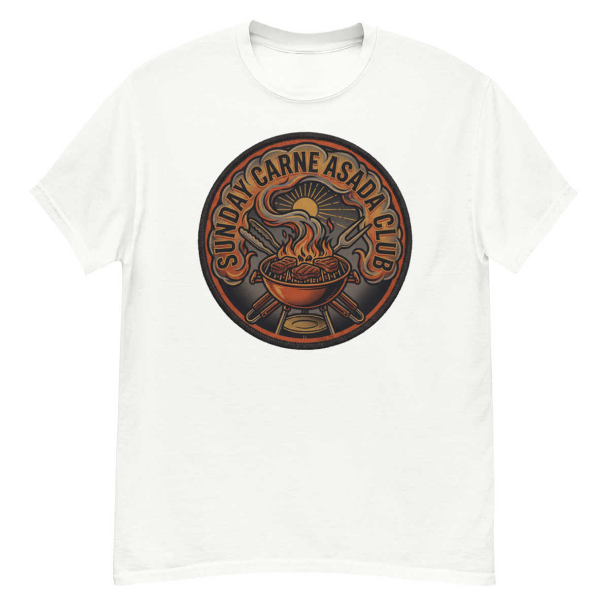 A white short-sleeve crewneck t-shirt featuring a circular graphic print on the chest. The graphic depicts a steaming bowl of pasta with crossed chopsticks and the text 'SUNDAY CARNE ASADA CLUB' in a warm orange and brown color palette.